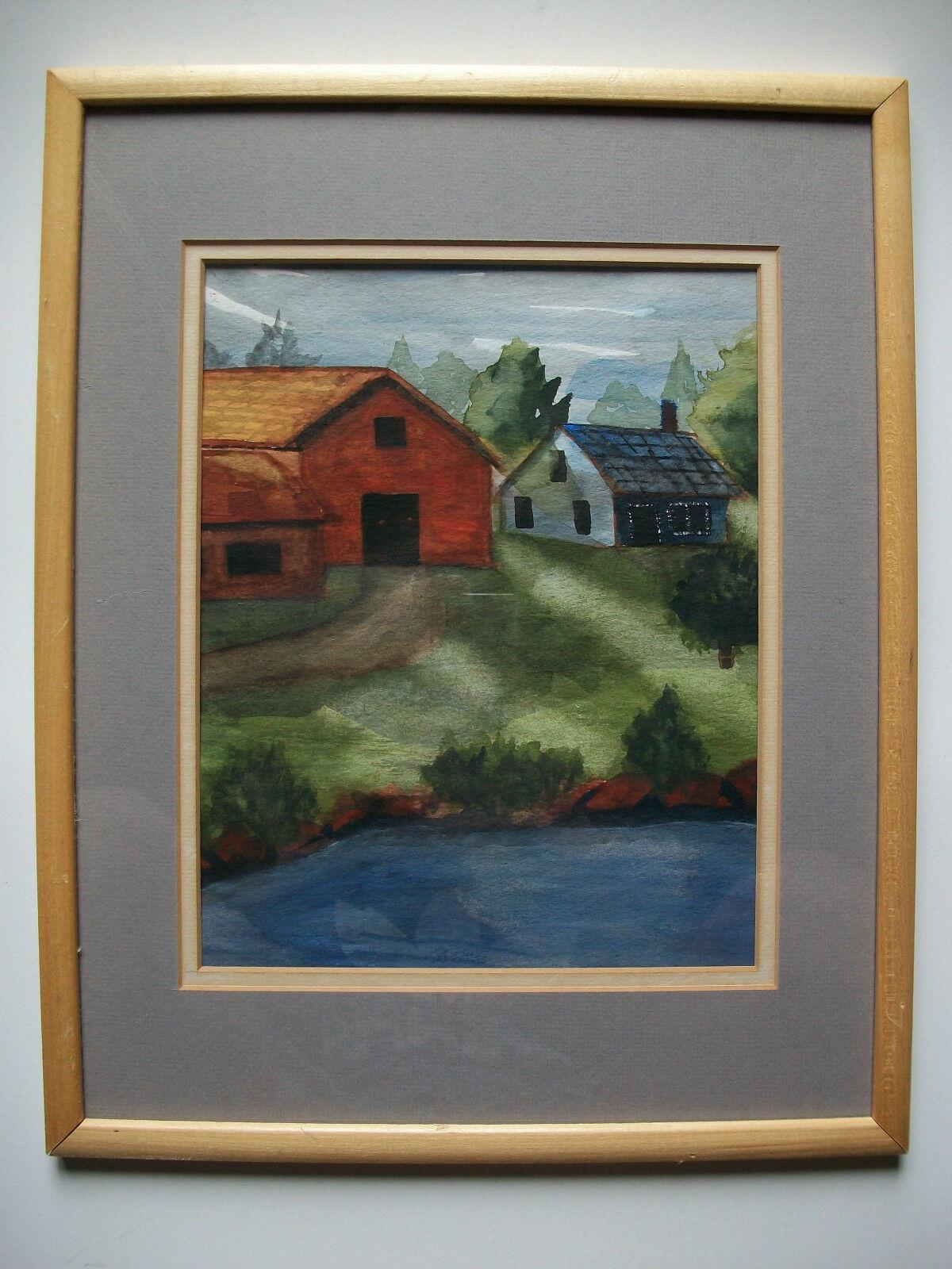 Canadian Folk Art Watercolor Painting - Unsigned - Framed - Canada - Mid 20th Century For Sale