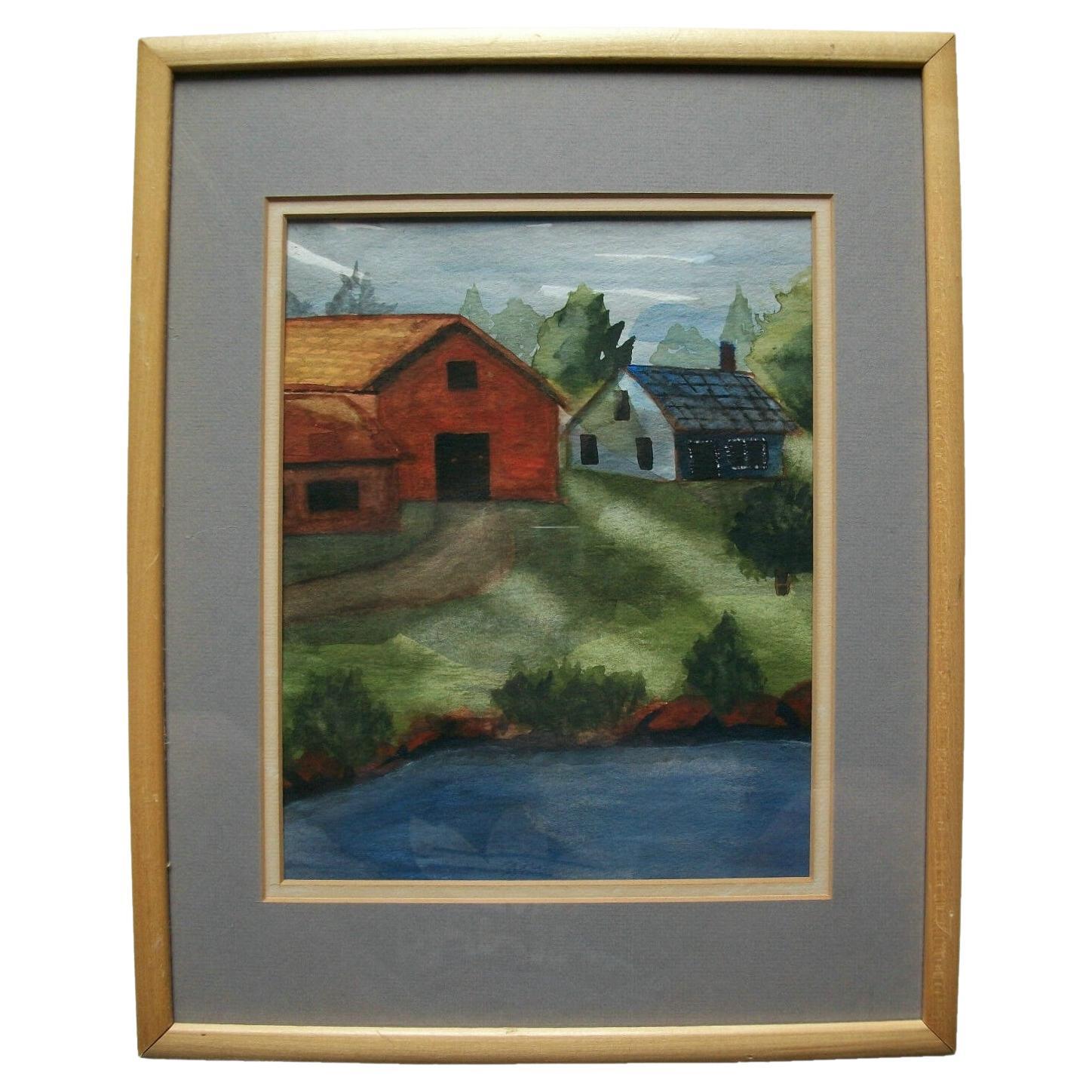 Folk Art Watercolor Painting - Unsigned - Framed - Canada - Mid 20th Century For Sale