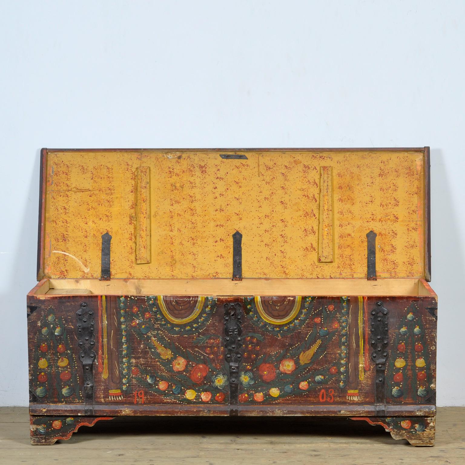 Hand-Painted Folk Art Wedding Chest, Anno 1903 For Sale