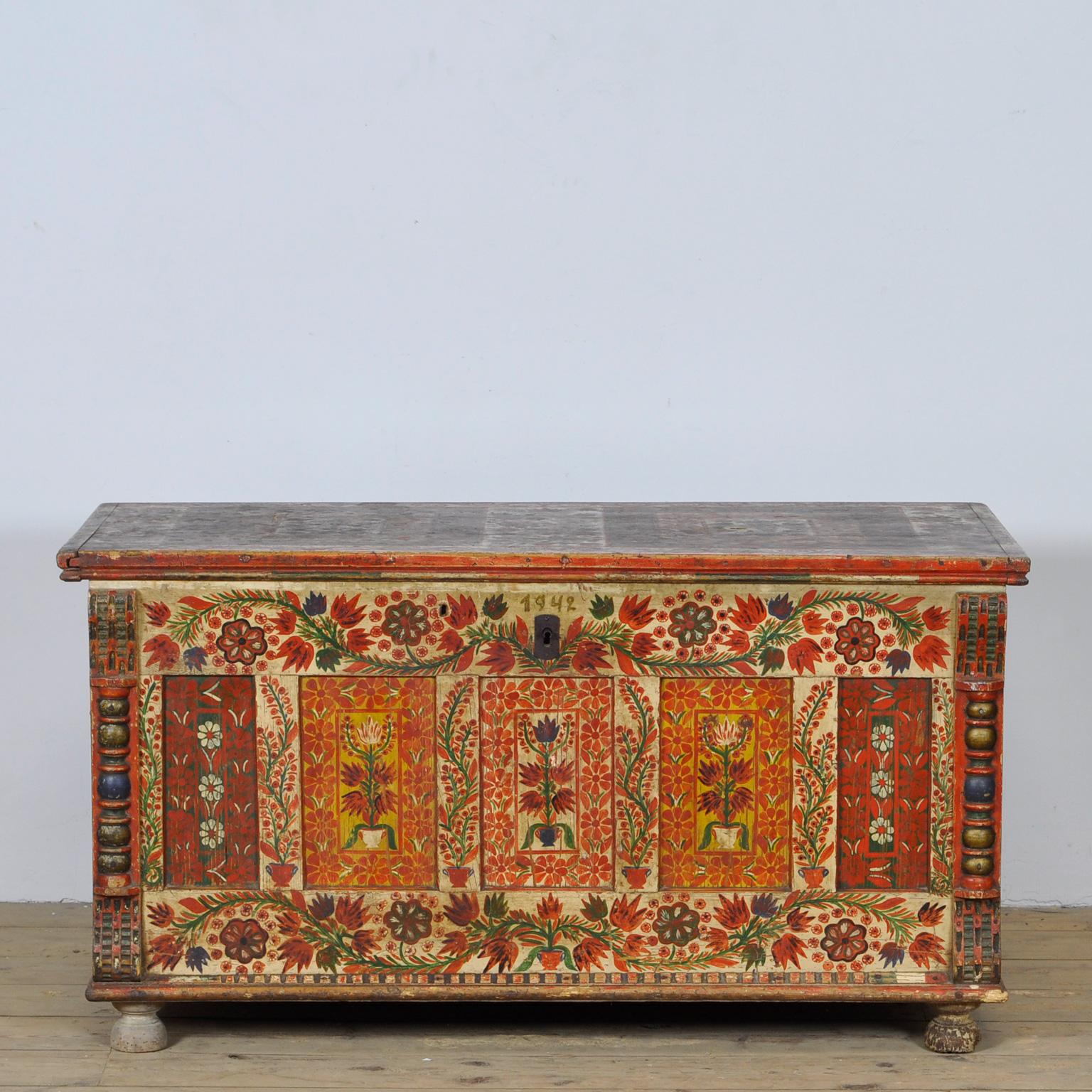 A beautiful example of a wedding chest from the Hungarian tribes of the Kalota, the illustrations are traditional with images of flowers and tulips. The chest was part of a dowry package and would be kept in the clean room of the house with the