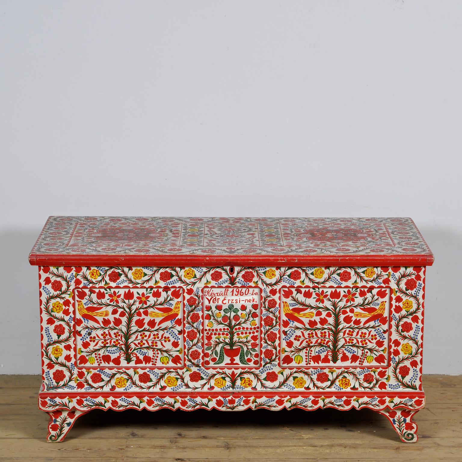  A beautiful example of a wedding chest from the hungarian tribes of the kalota, the illustrations are traditional with images of flowers and tulips. The chest was part of a dowry package and would be kept in the clean room of the house with the
