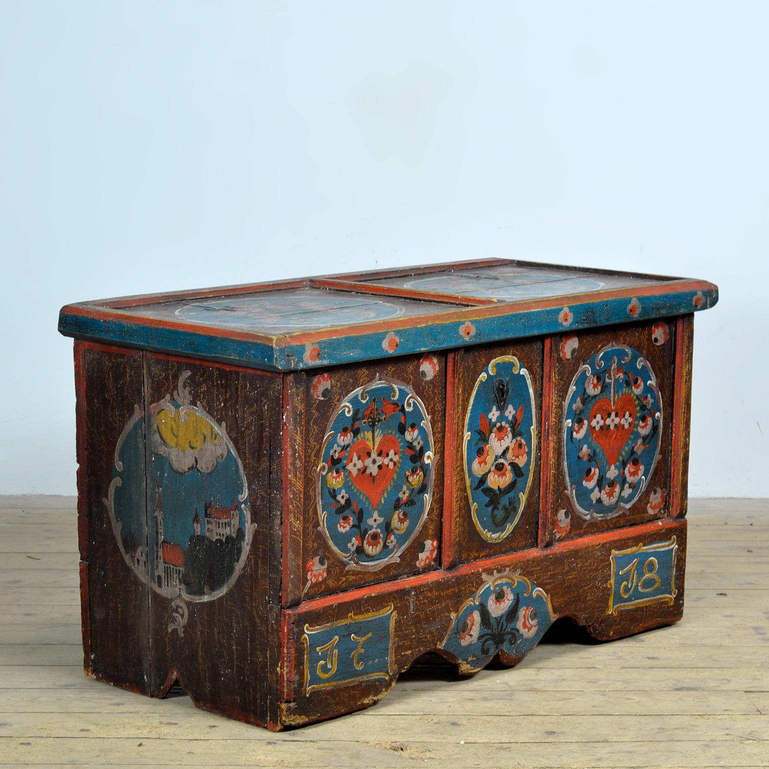 Artisanat Coffre de mariage d'art populaire, daté de 1718 en vente
