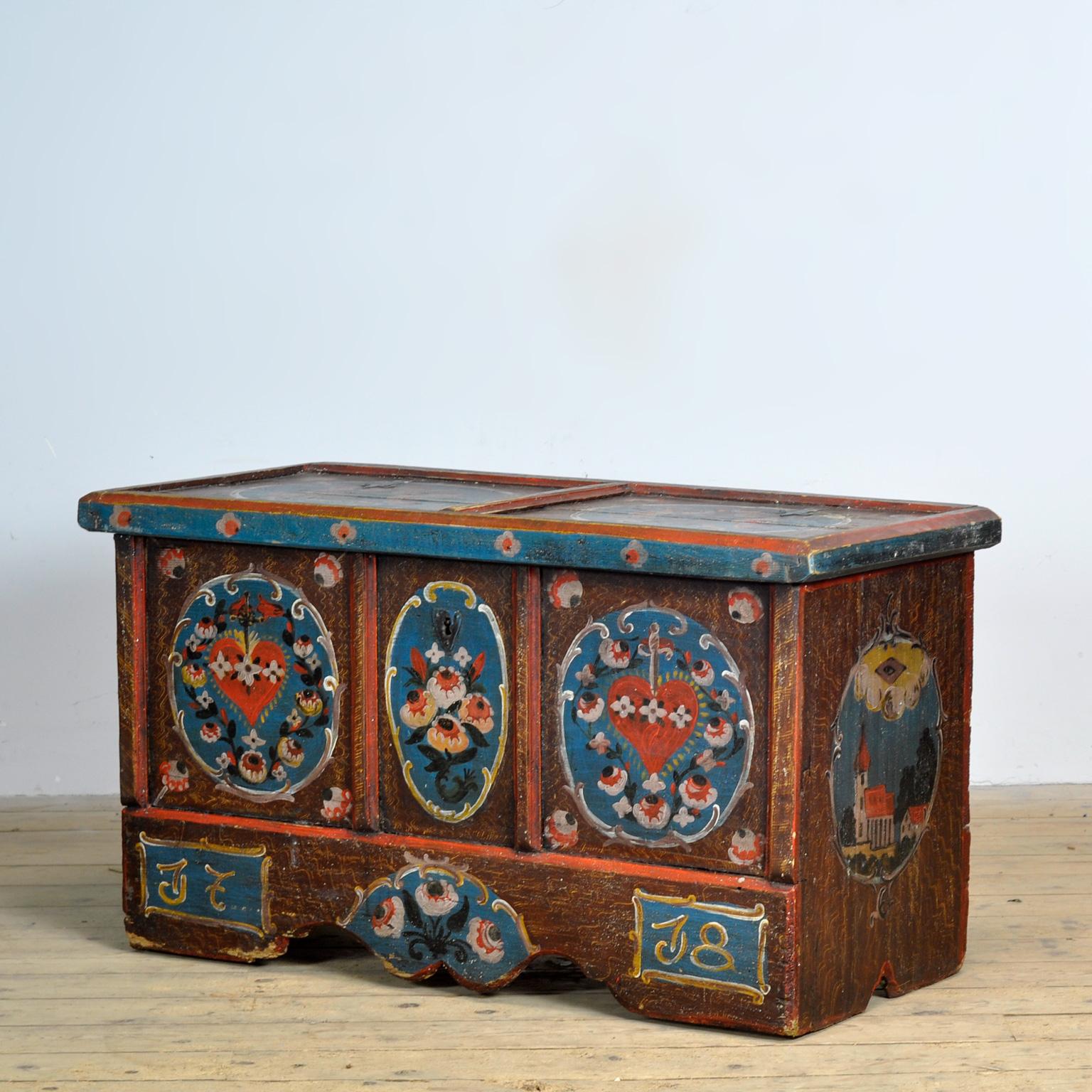 Allemand Coffre de mariage d'art populaire, daté de 1718 en vente