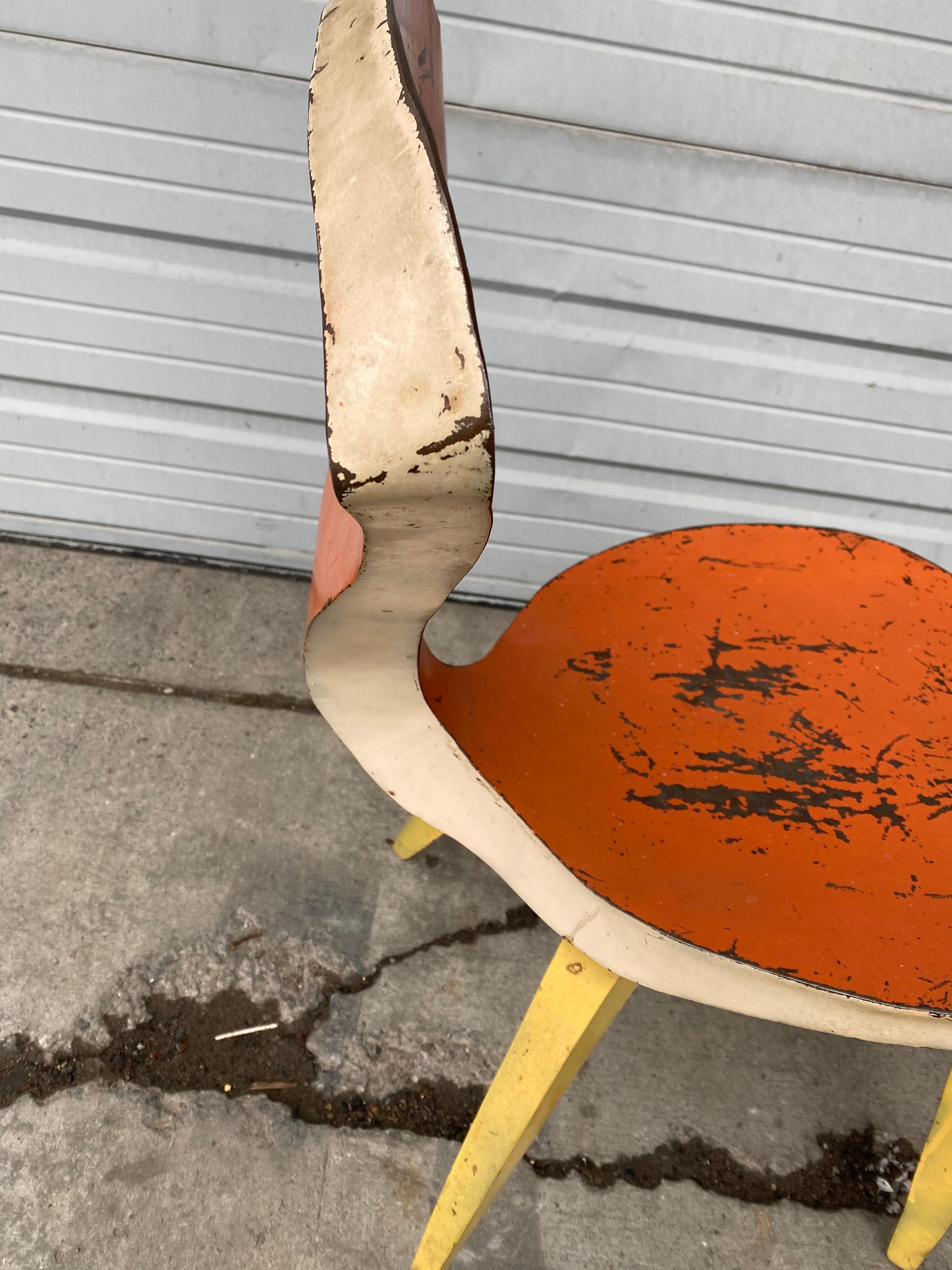 Folk Art welded steel chair / sculpture handmade /designed and built after the iconic bentwood side chair by Norman Cherner, amazing quality, construction, clean, flawless seams. Retains its original paint, wonderful, whimsical take on a Mid-Century