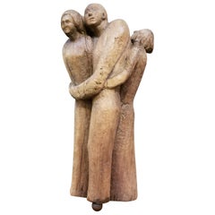 Folk Art Wood Carved Sculpture of 3 Embracing Figures