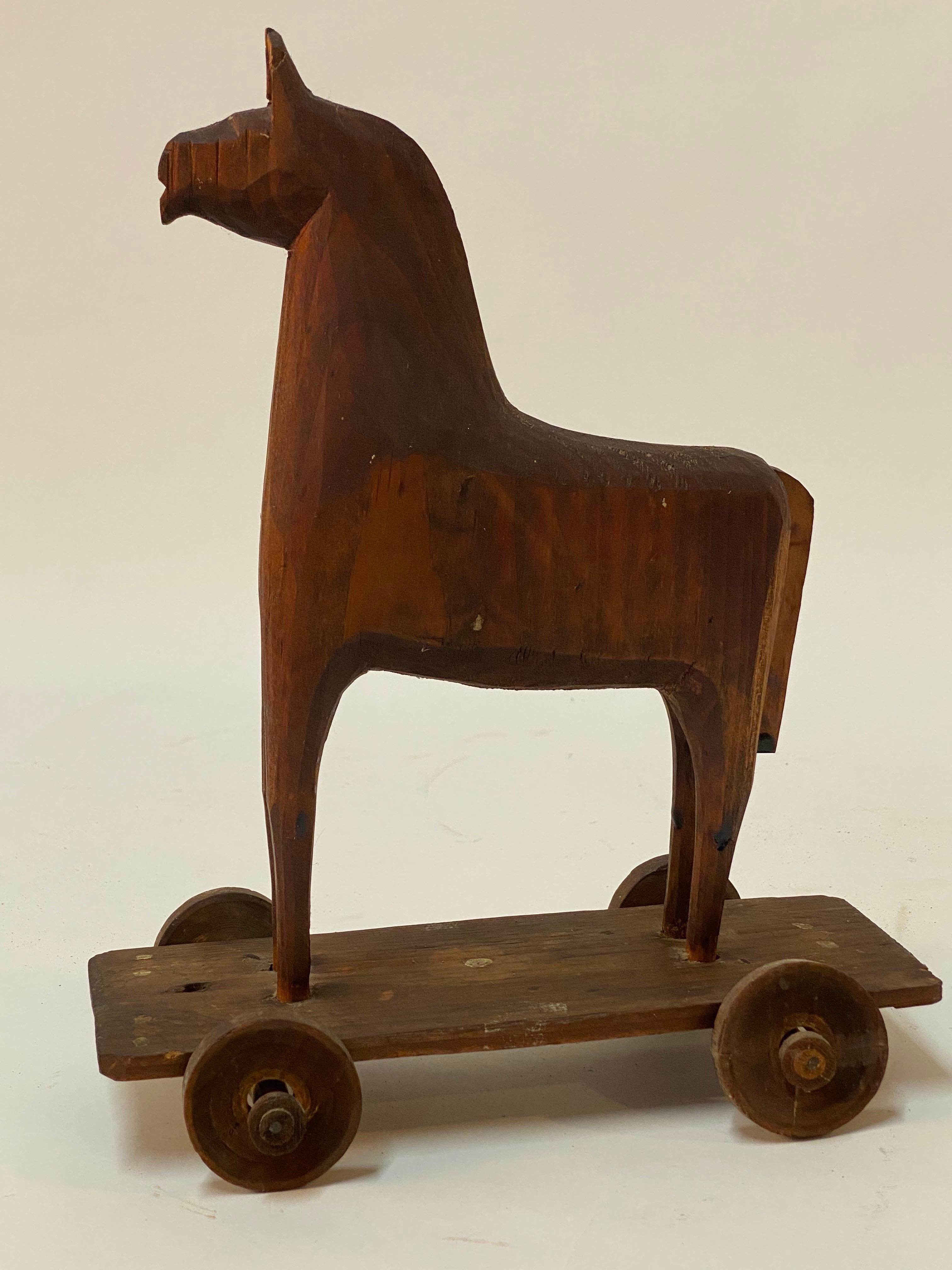 American Folk Art Wood Horse Pull Toy For Sale
