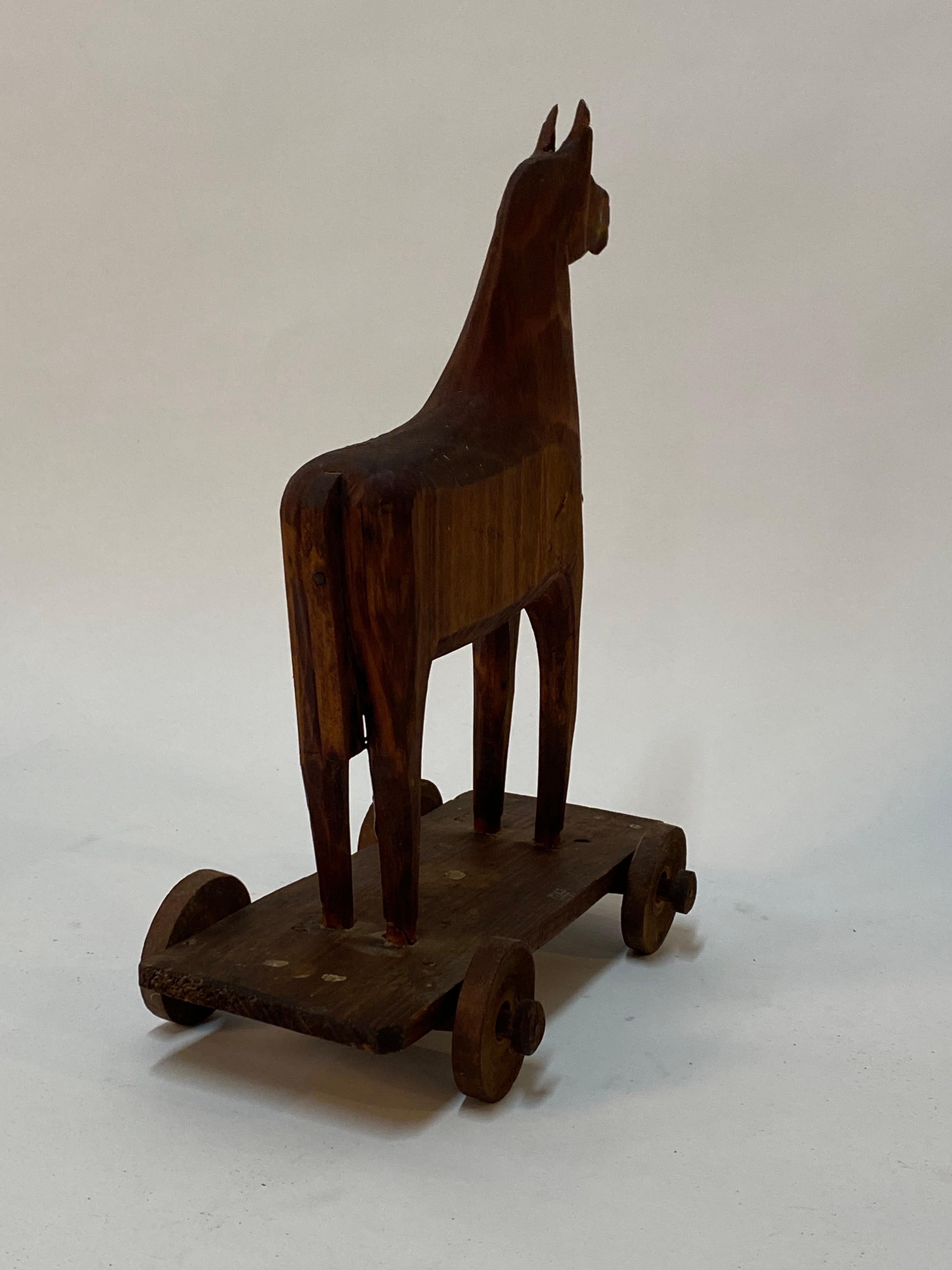 20th Century Folk Art Wood Horse Pull Toy For Sale
