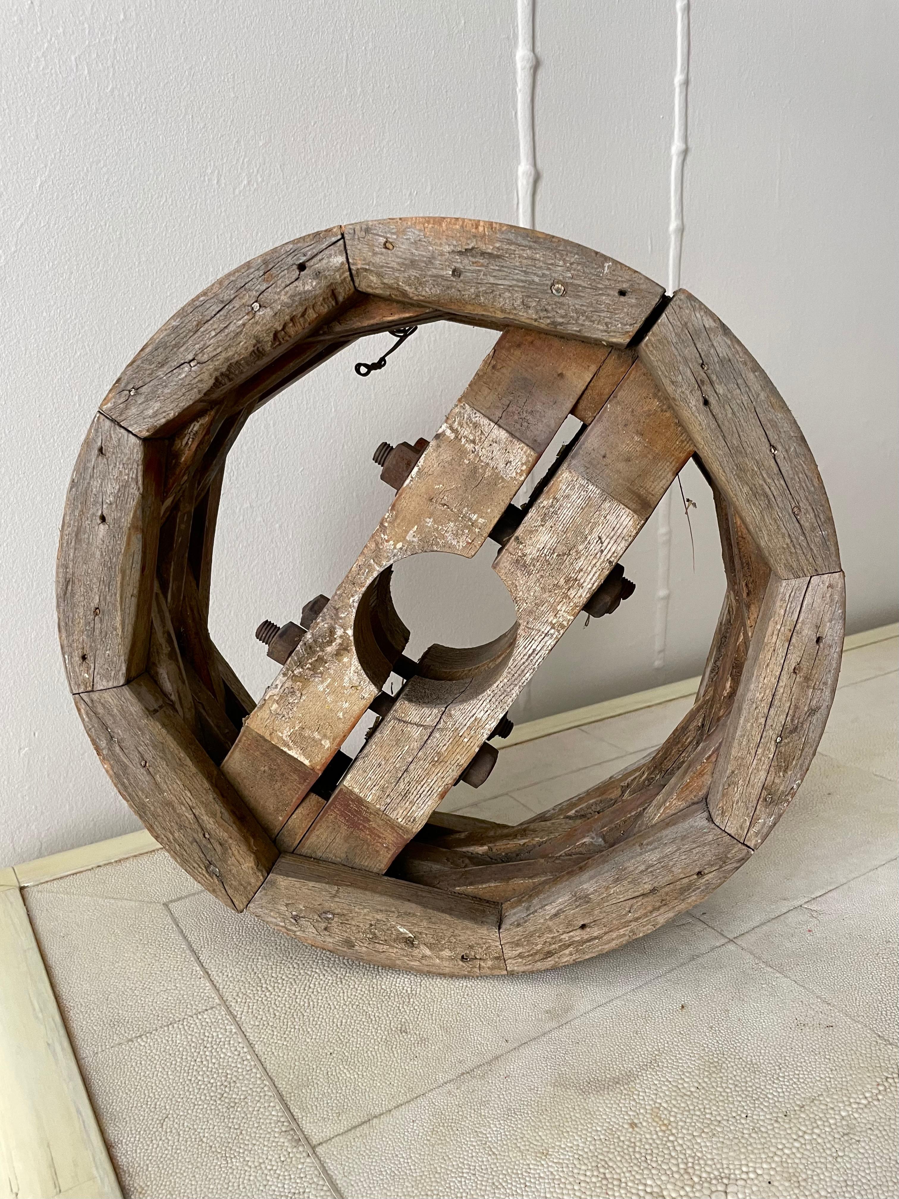 Hand-Crafted Folk Art Wood Wheel Sculptural Element For Sale