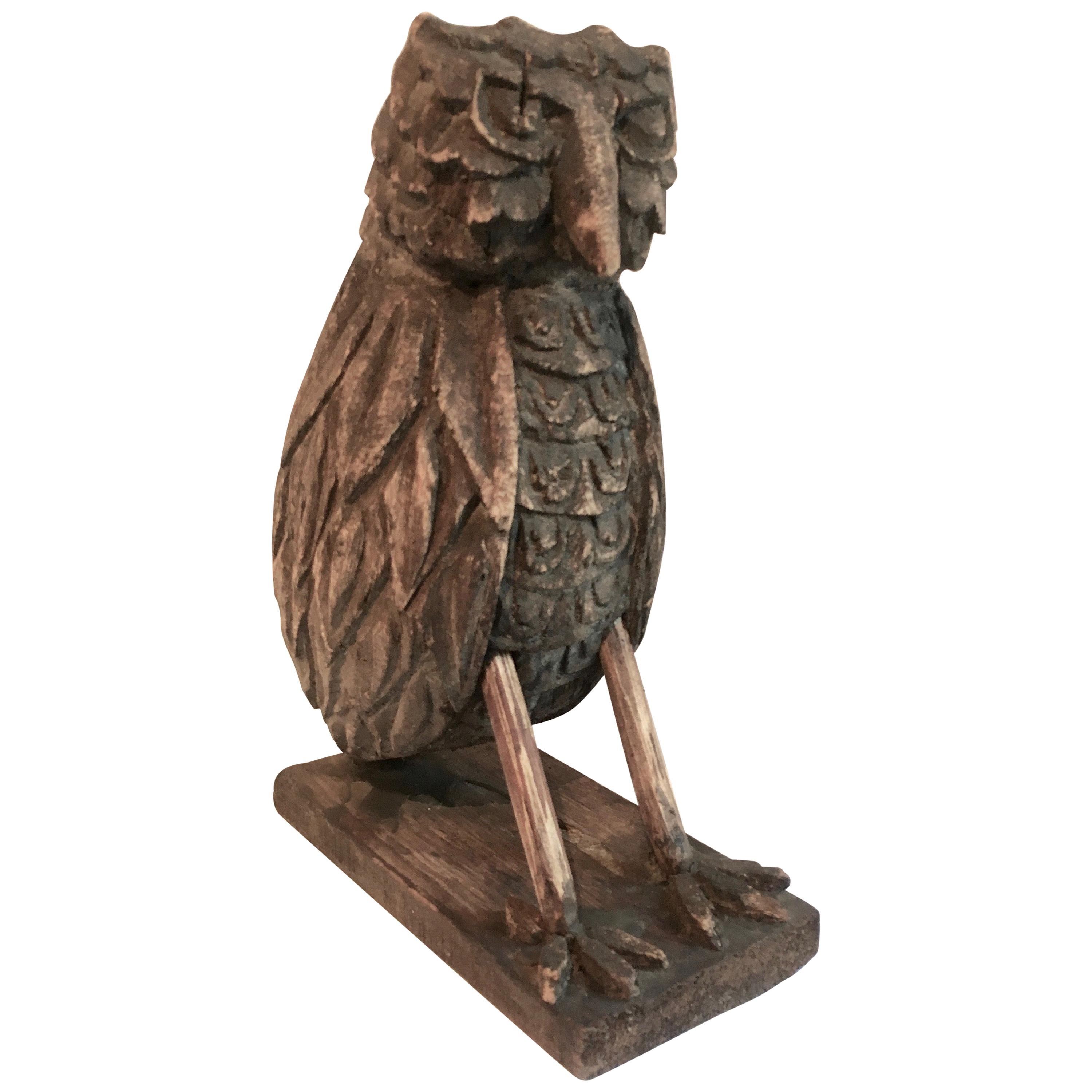 Folk Art Wooden Carved Owl