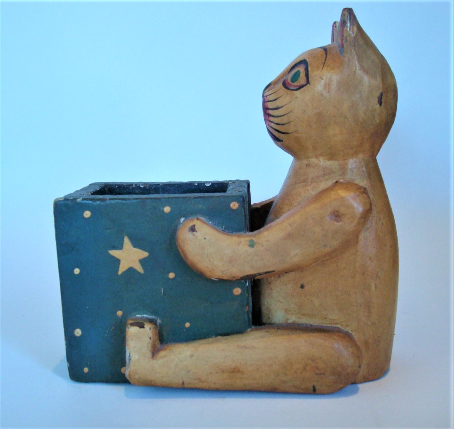 Folk Art Wooden Cat Desk Pencil Cup / Holder Box 4