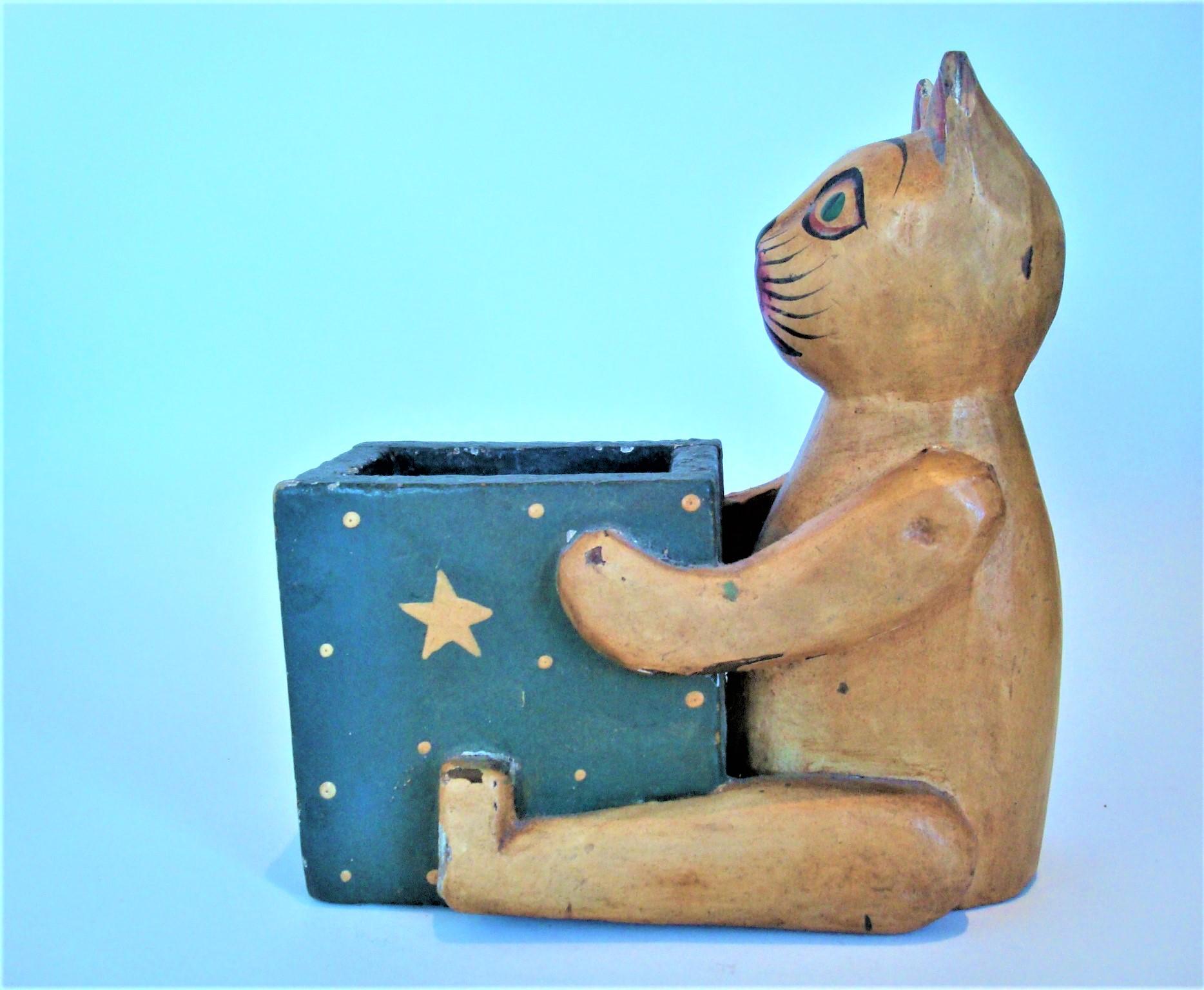 American Folk Art Wooden Cat Desk Pencil Cup / Holder Box