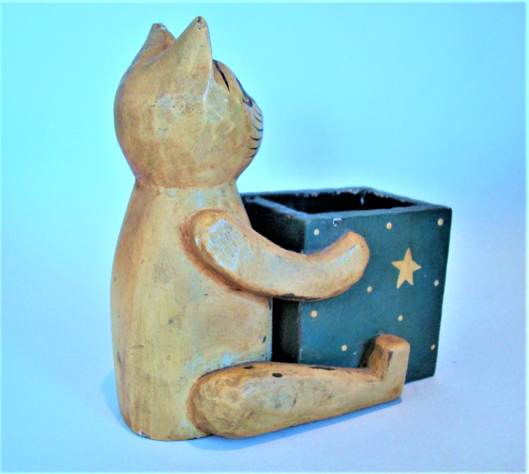 Hand-Carved Folk Art Wooden Cat Desk Pencil Cup / Holder Box