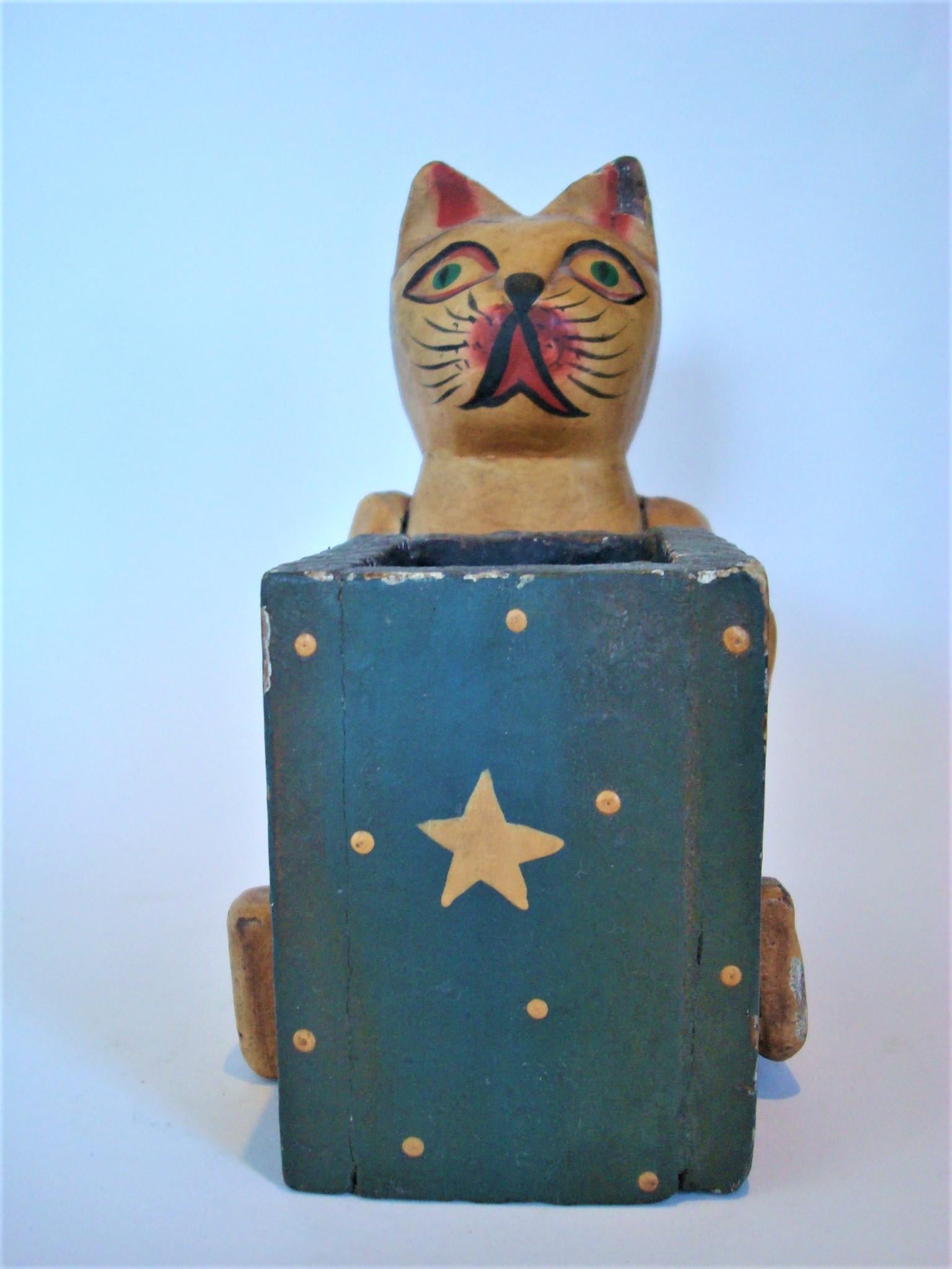 Folk Art Wooden Cat Desk Pencil Cup / Holder Box 1