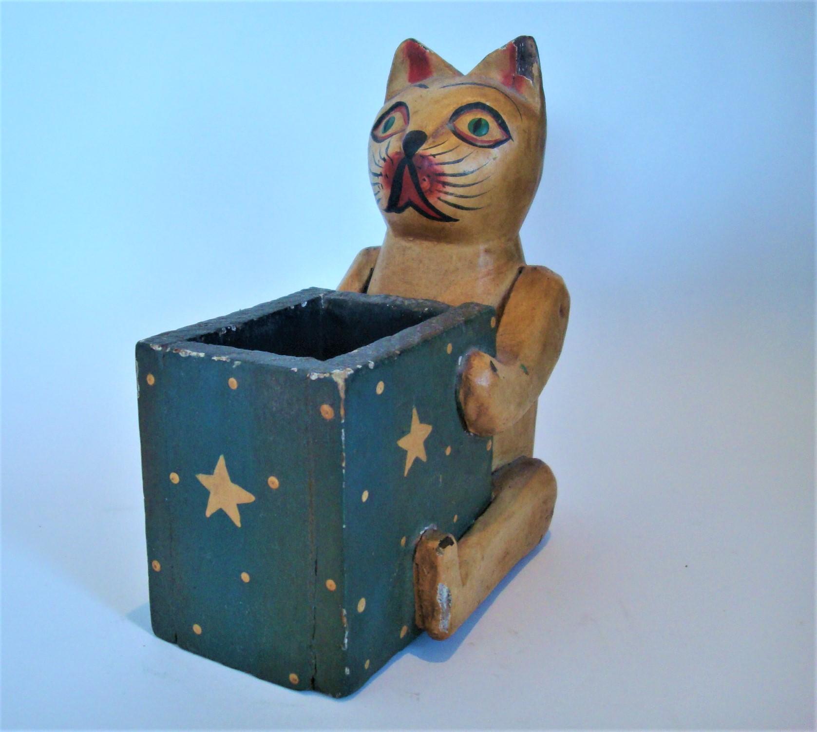 Folk Art Wooden Cat Desk Pencil Cup / Holder Box 2