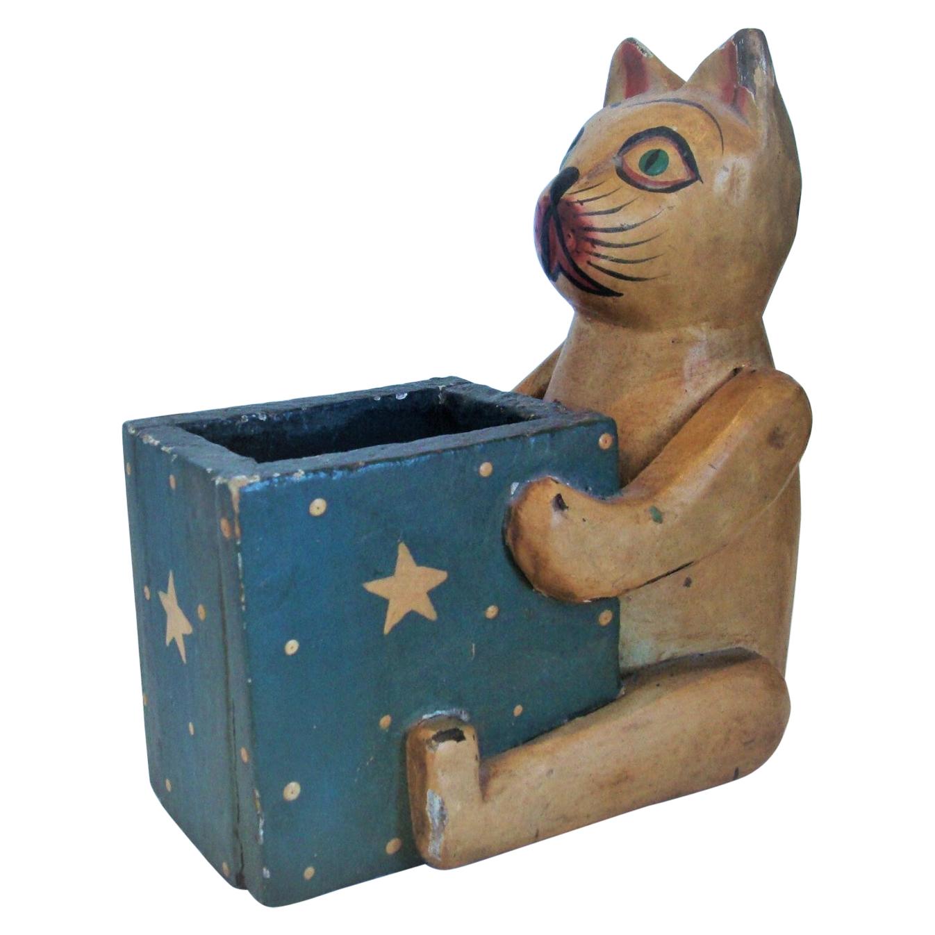 Folk Art Wooden Cat Desk Pencil Cup / Holder Box