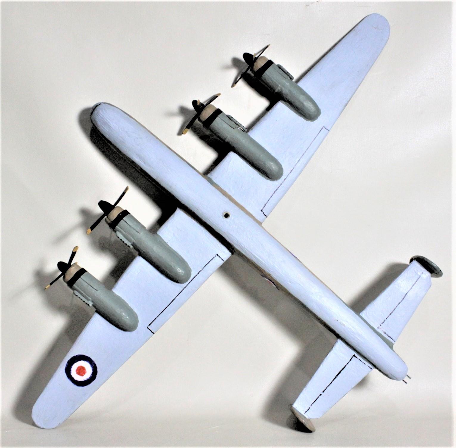 Folk Art Wooden Hand Carved and Painted WW2 Lancaster Bomber Model Airplane For Sale 1