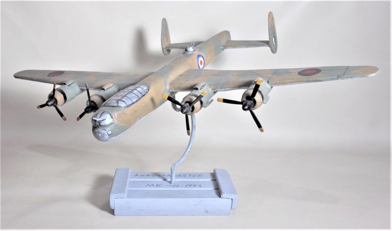 20th Century Folk Art Wooden Hand Carved and Painted WW2 Lancaster Bomber Model Airplane For Sale