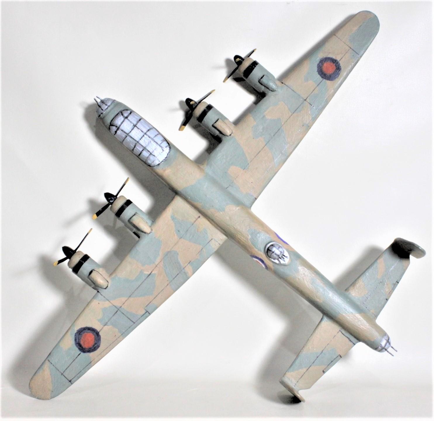 Softwood Folk Art Wooden Hand Carved and Painted WW2 Lancaster Bomber Model Airplane For Sale