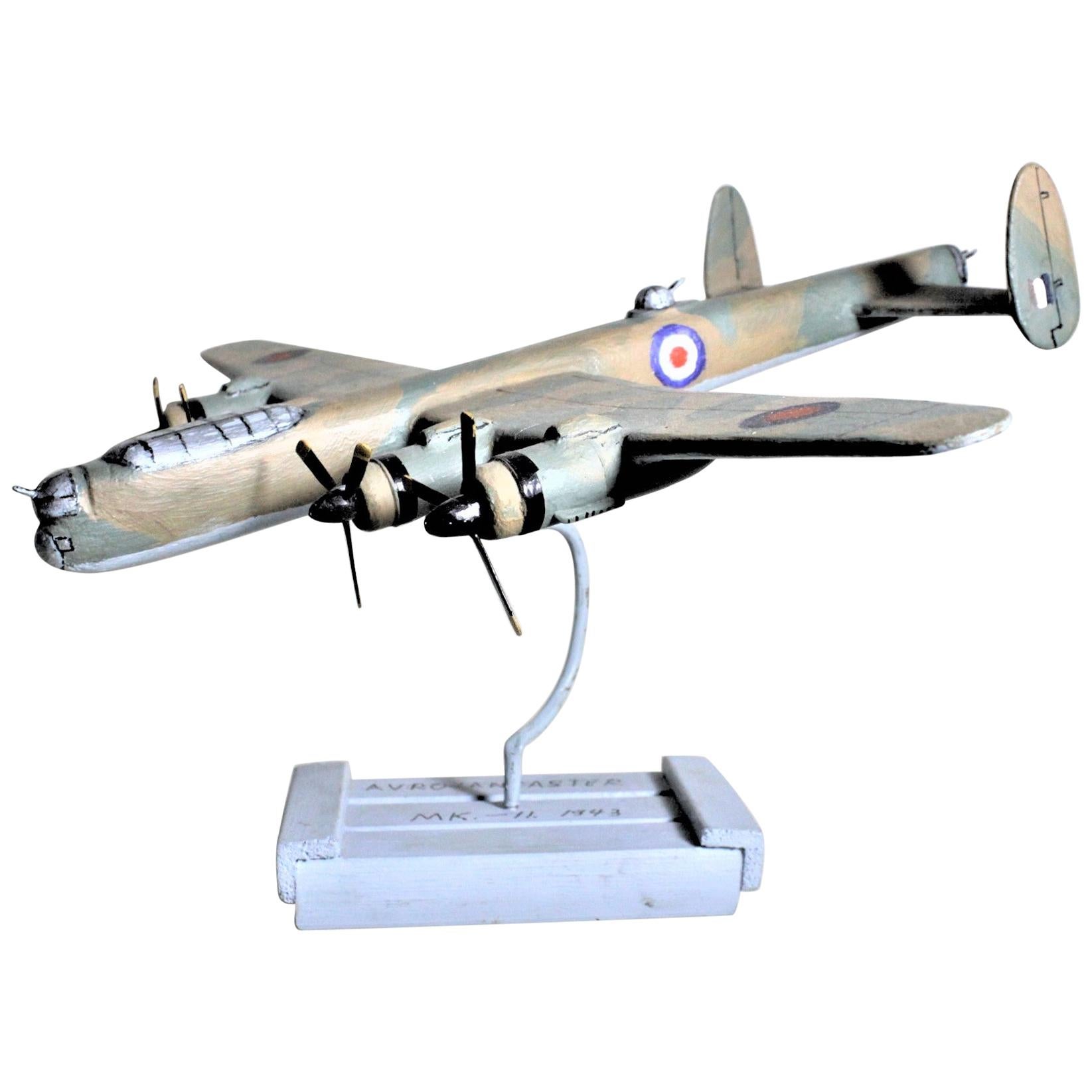 Folk Art Wooden Hand Carved and Painted WW2 Lancaster Bomber Model Airplane