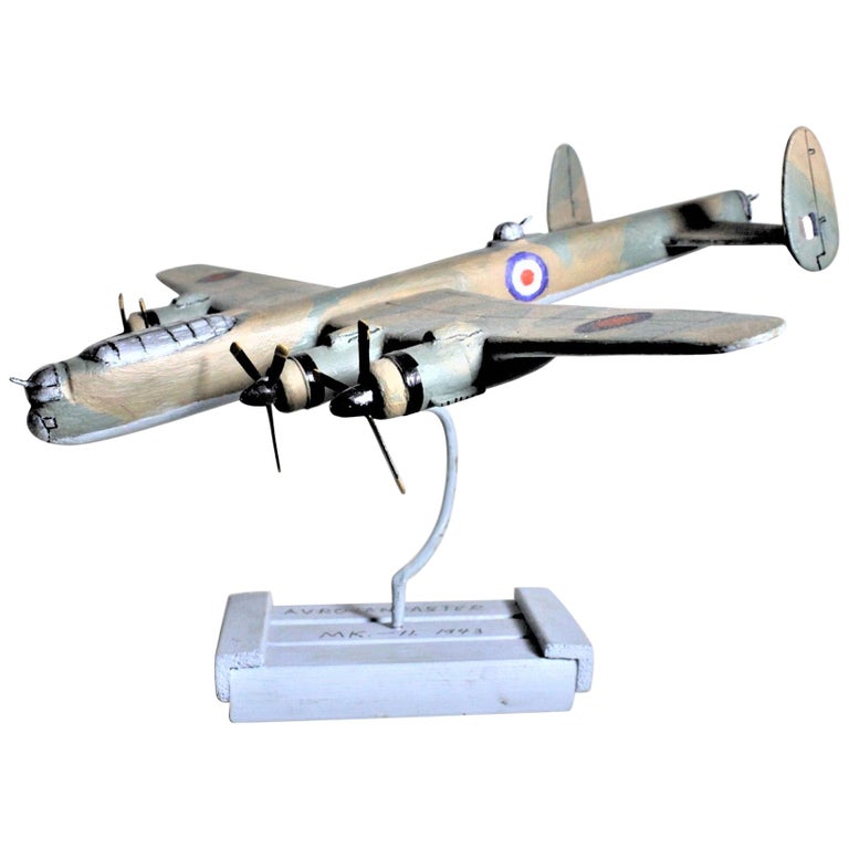 Folk Art Wooden Hand Carved and Painted WW2 Lancaster Bomber Model Airplane For Sale