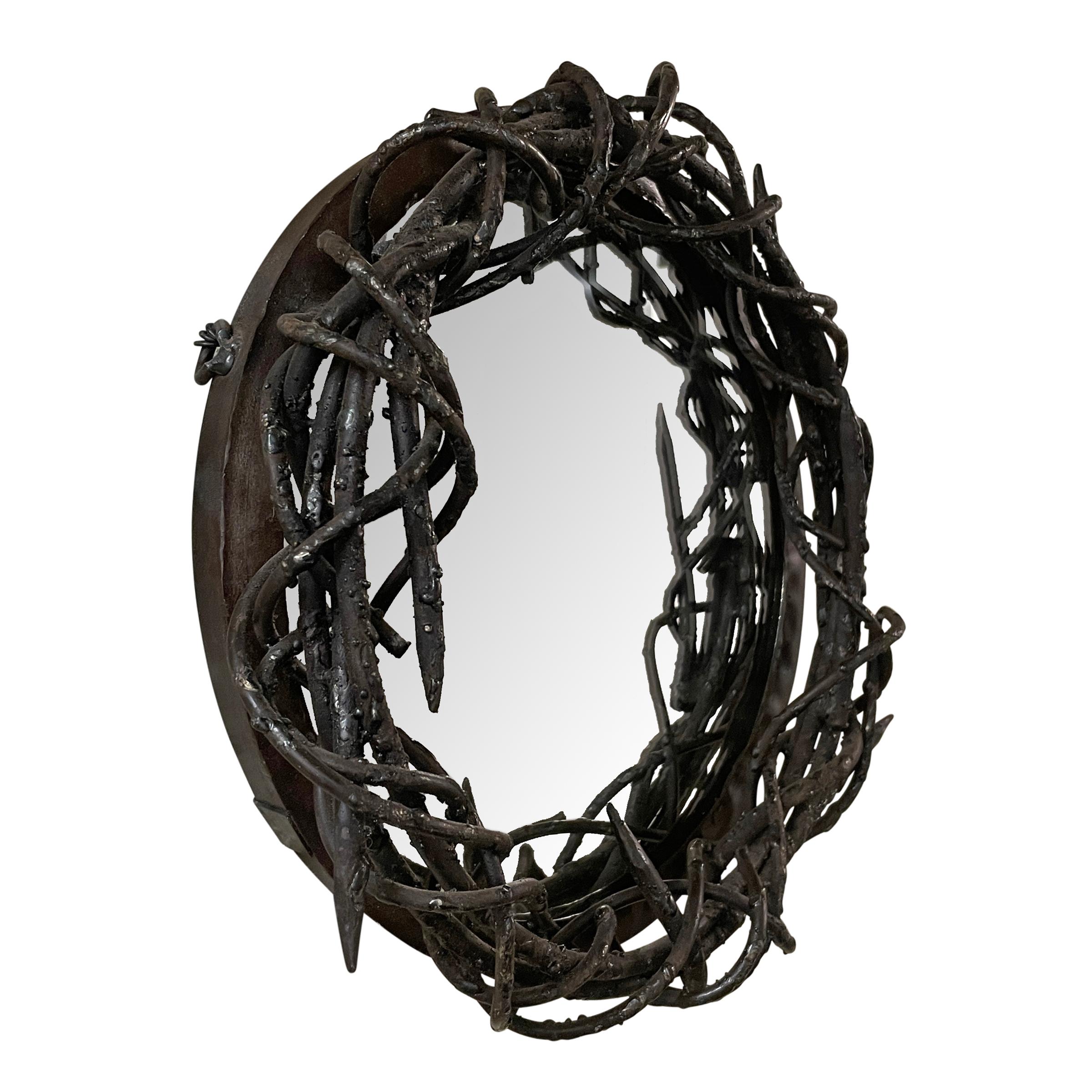 American Folk Art Wrought Iron Thorny Vine Framed Mirror