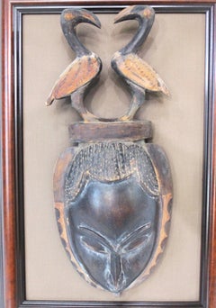 Folk Art Yaure Styled African Ivory Coast Tribal Wooden Mask Wall Sculpture (B)