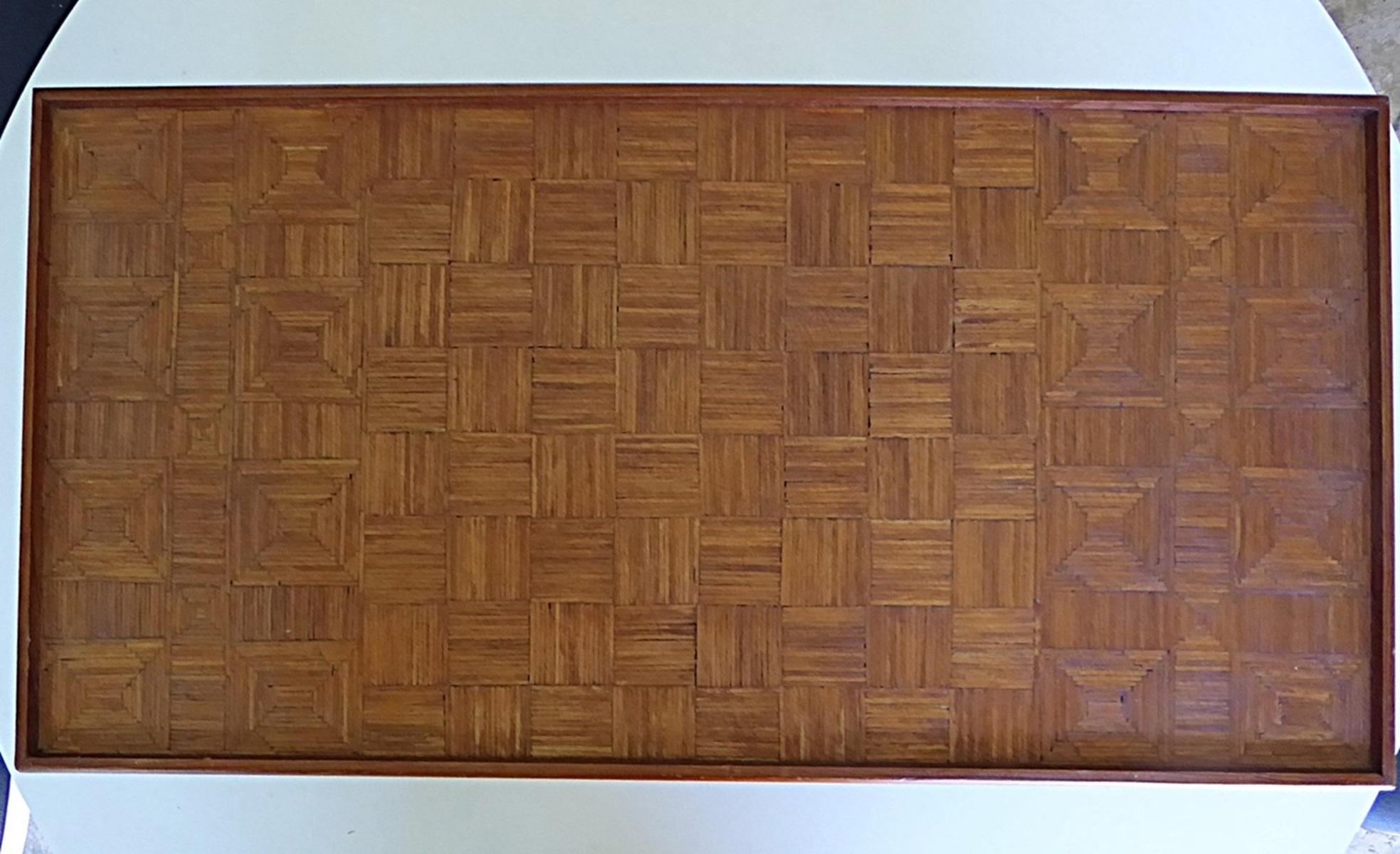 Wonderful handmade work by Thomas B, McAulay, Folk Arts Naive Matchstick Low Table from 1971. Uses for this low table are: next to a low chair or couch, for serving meals in bed or could be use as a shelf/platform on another piece of furniture or