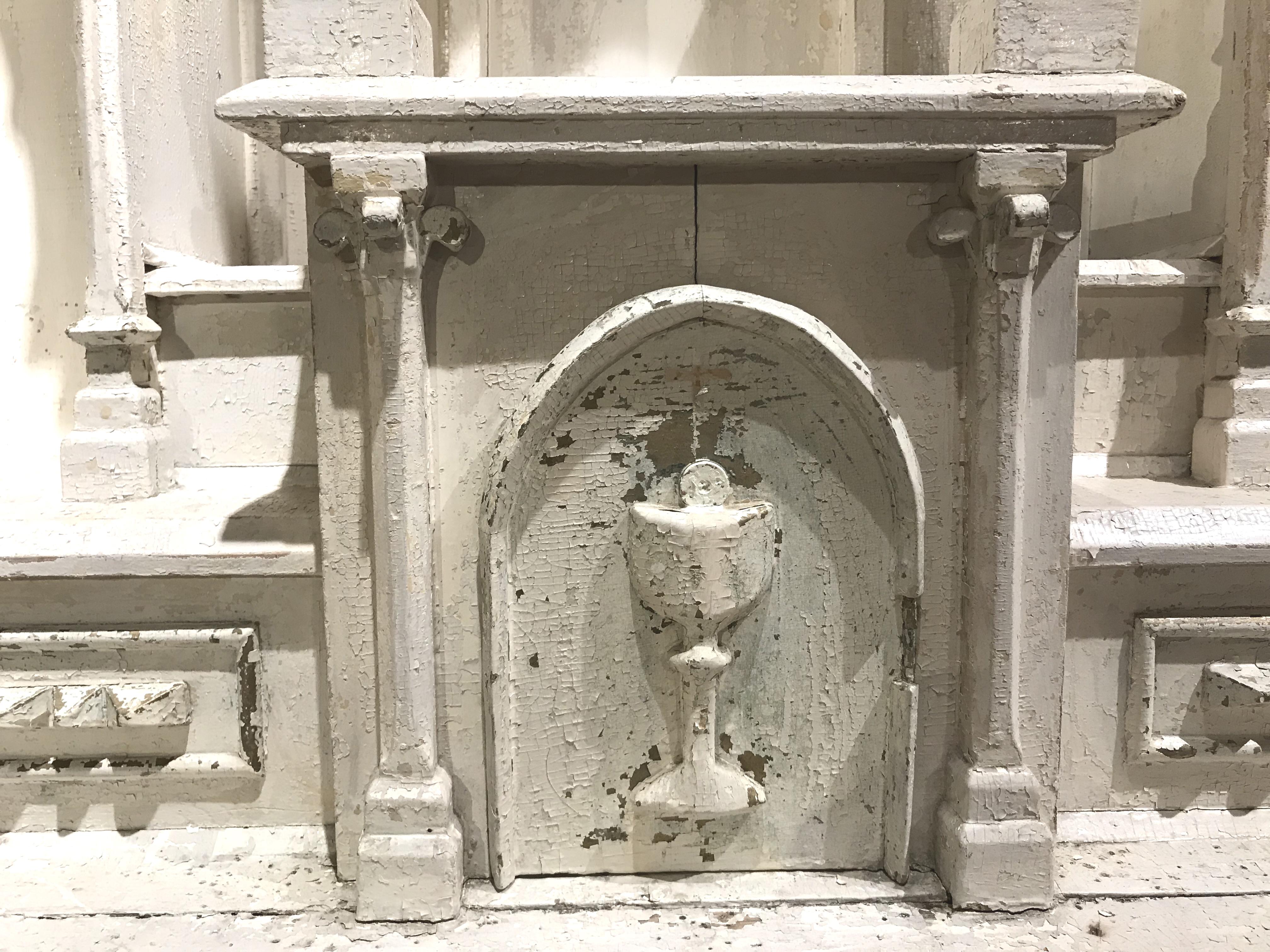 American Folk Carved Church Wall Altar or Reliquary with Gothic Spires in Old White Paint