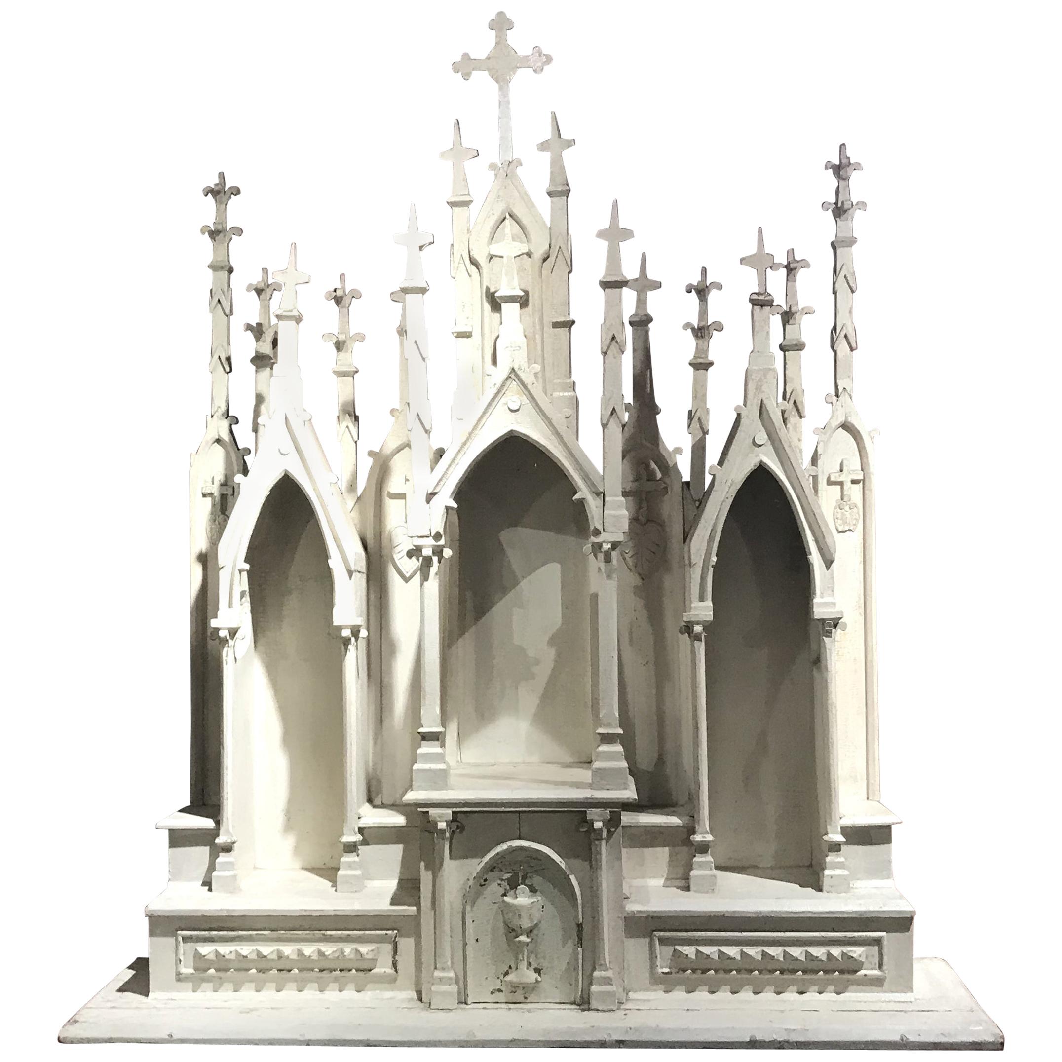 Folk Carved Church Wall Altar or Reliquary with Gothic Spires in Old White Paint