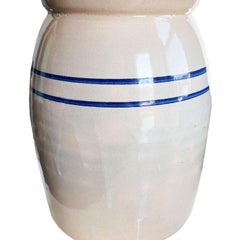 Folk Ceramic Butter Churn, Crock or Vase with Blue Stripe Decoration