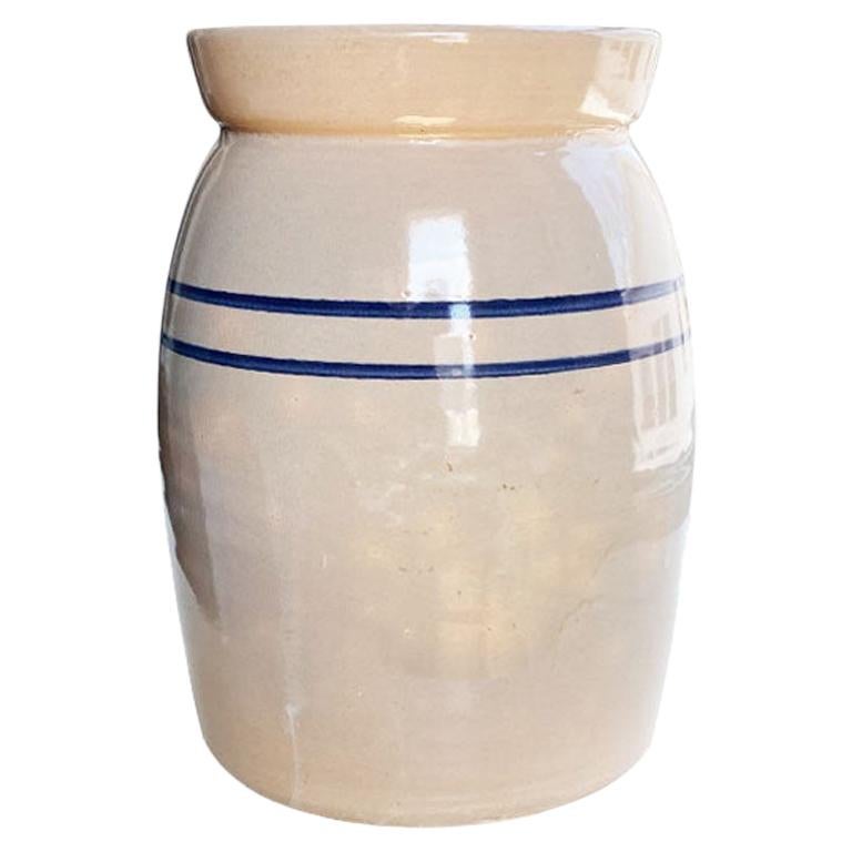 Folk Ceramic Butter Churn, Crock or Vase with Blue Stripe Decoration For Sale