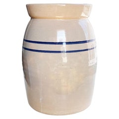 Folk Ceramic Butter Churn, Crock or Vase with Blue Stripe Decoration