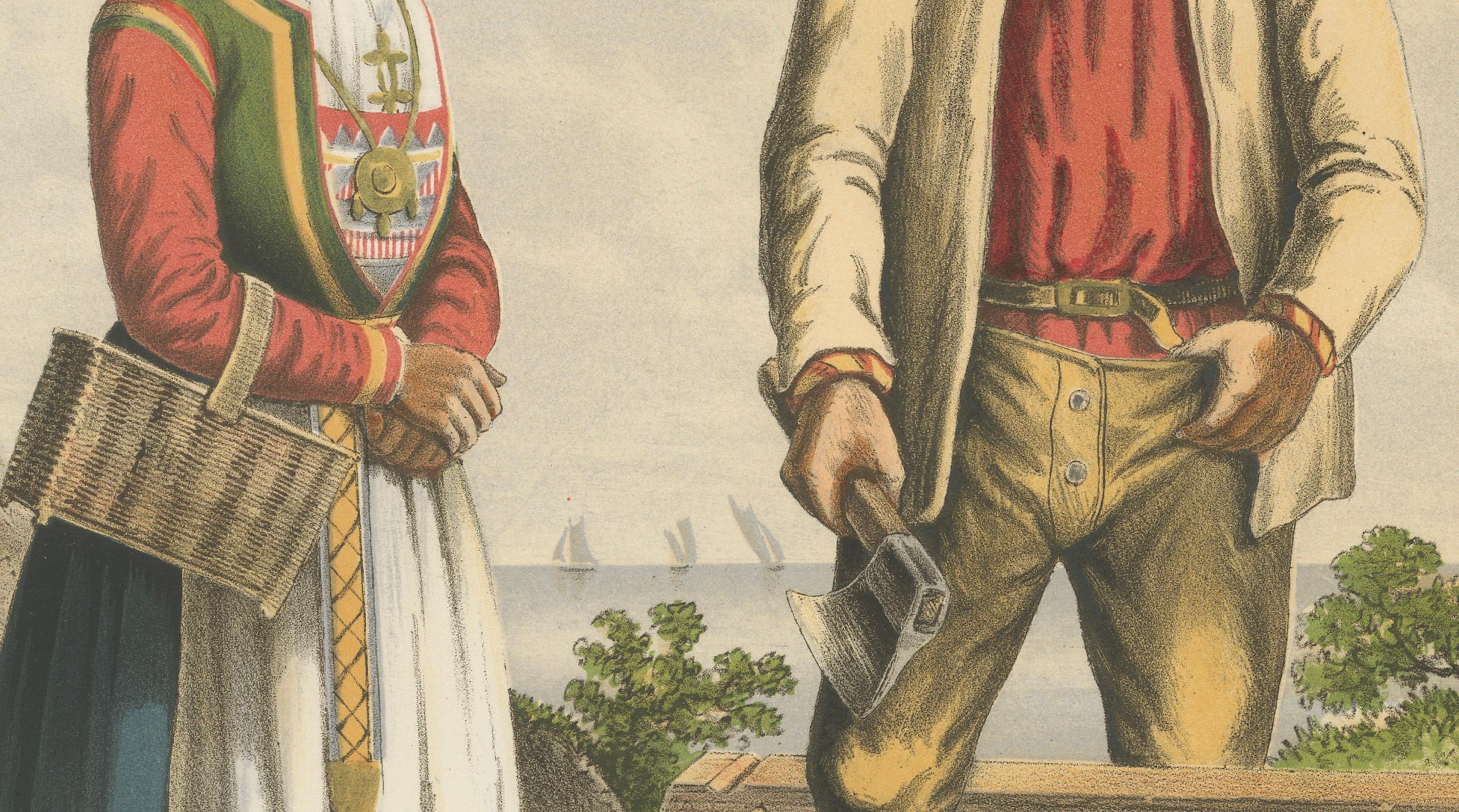 Here is the complete catalogue listing in plain text for Plate 8 from the series:

Title:
Norwegian Folk Costumes from Moranger and Oster near Bergen – 1860s

This engaging 19th-century chromolithograph presents traditional regional costumes from