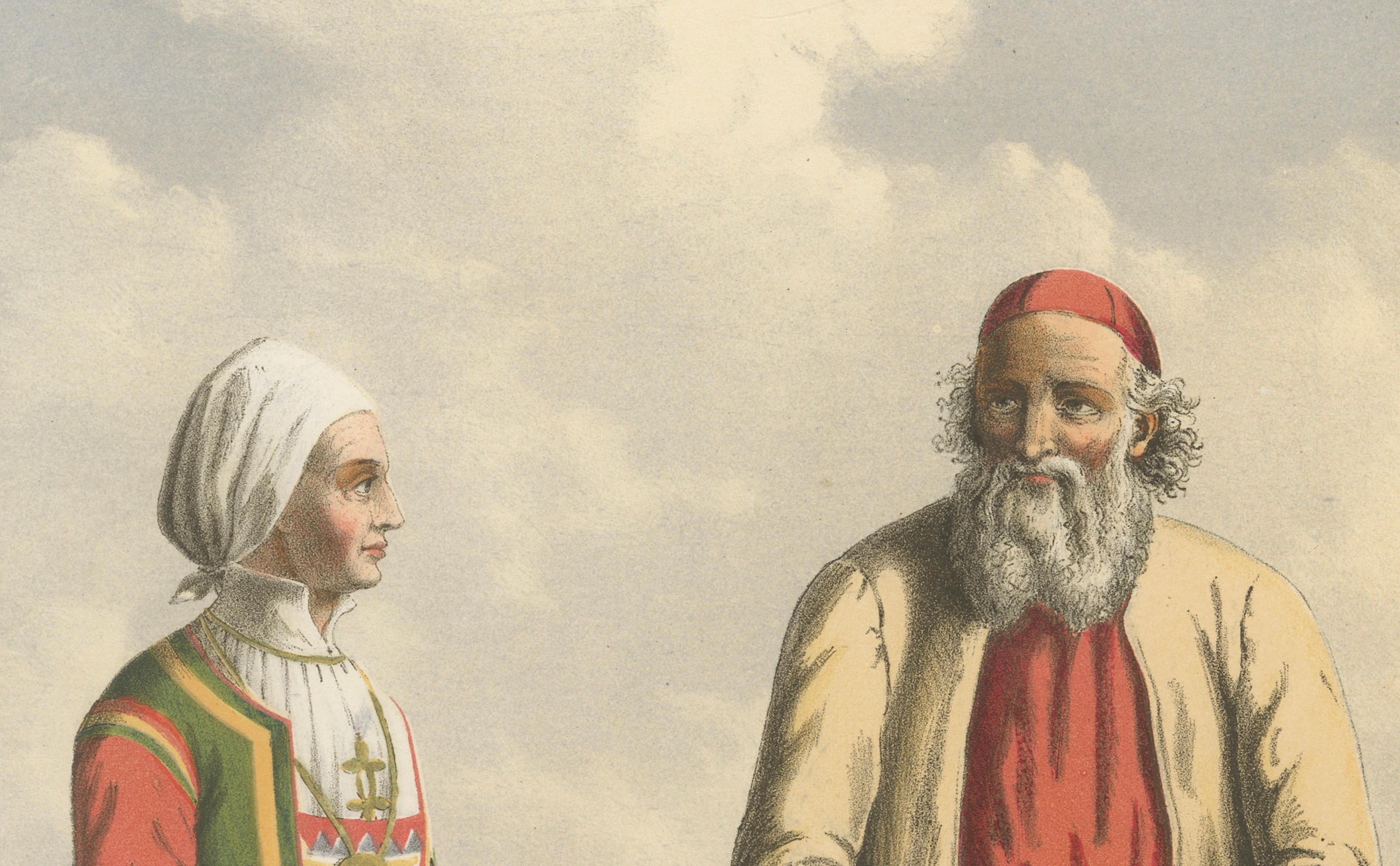 Folk Costumes near Bergen – Moranger and Oster Couple, 19th Century Print Alemán en venta