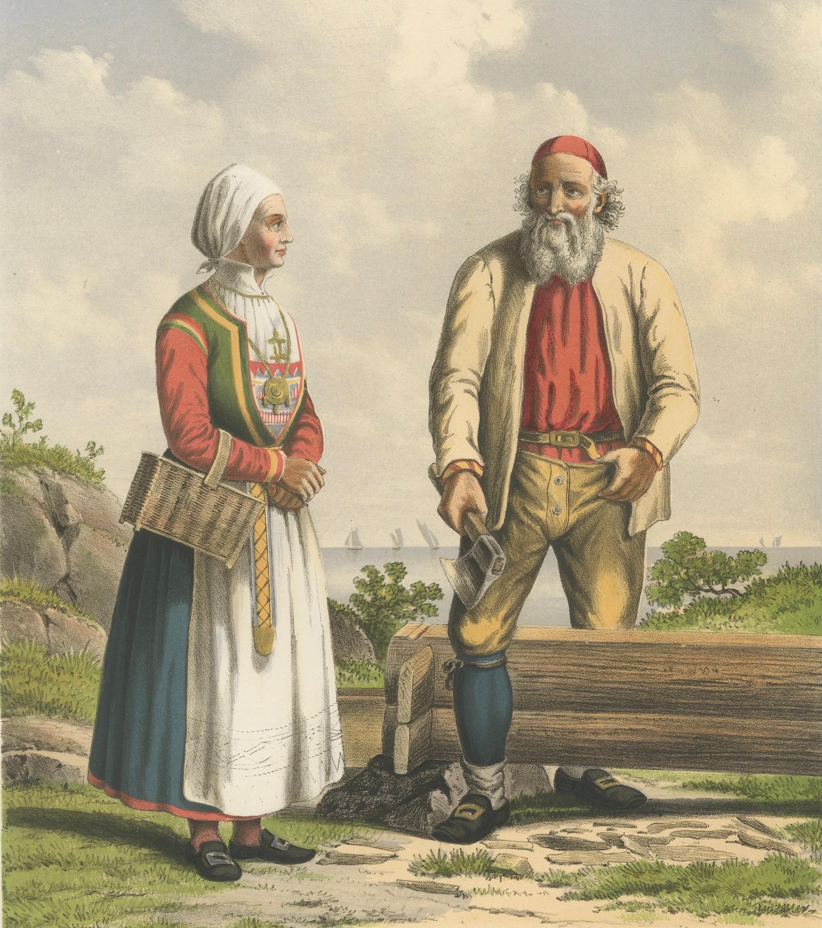 Folk Costumes near Bergen – Moranger and Oster Couple, 19th Century Print en Bueno estado para la venta en Langweer, NL