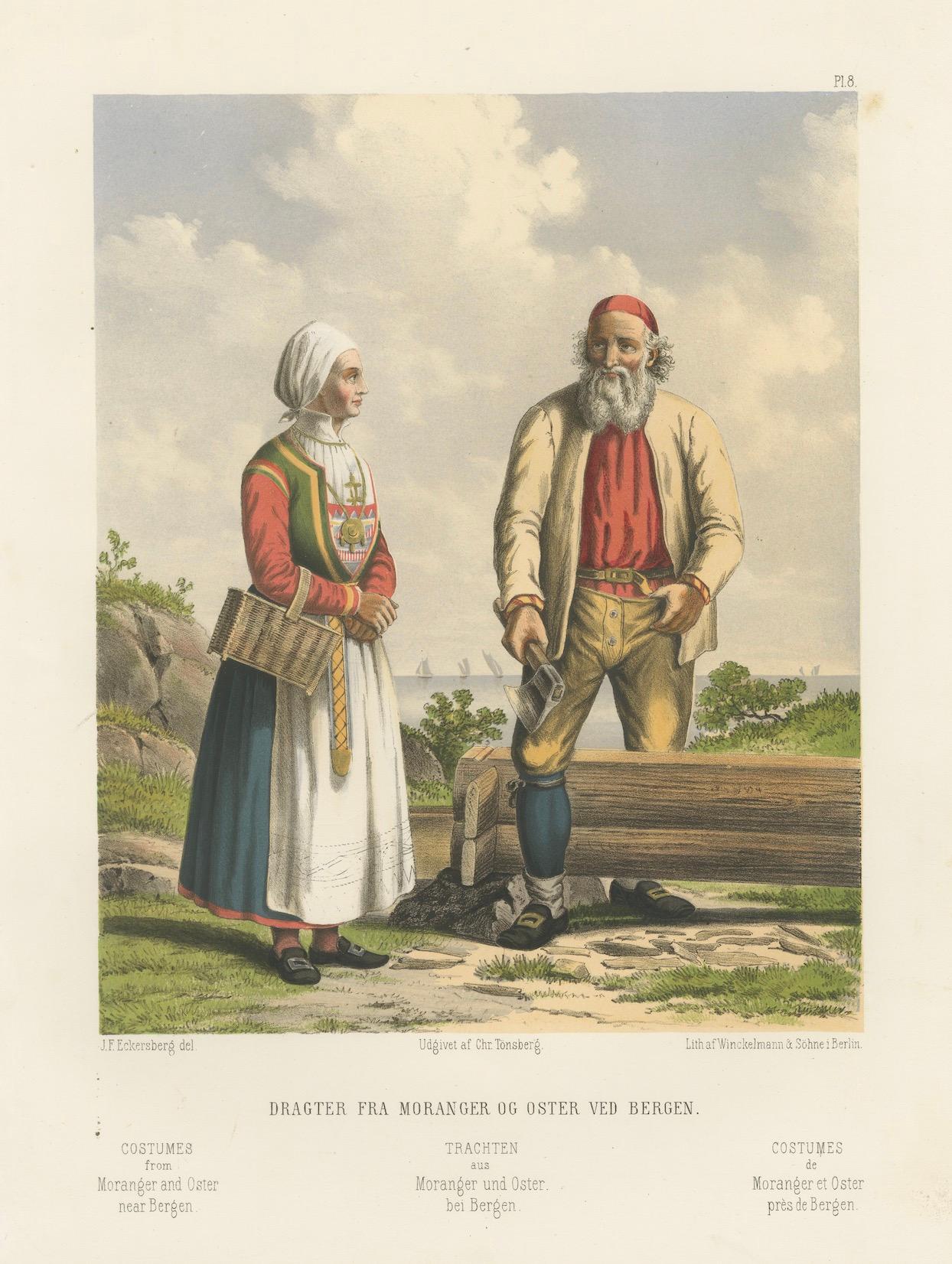 Folk Costumes near Bergen – Moranger and Oster Couple, 19th Century Print Mediados del siglo XIX en venta