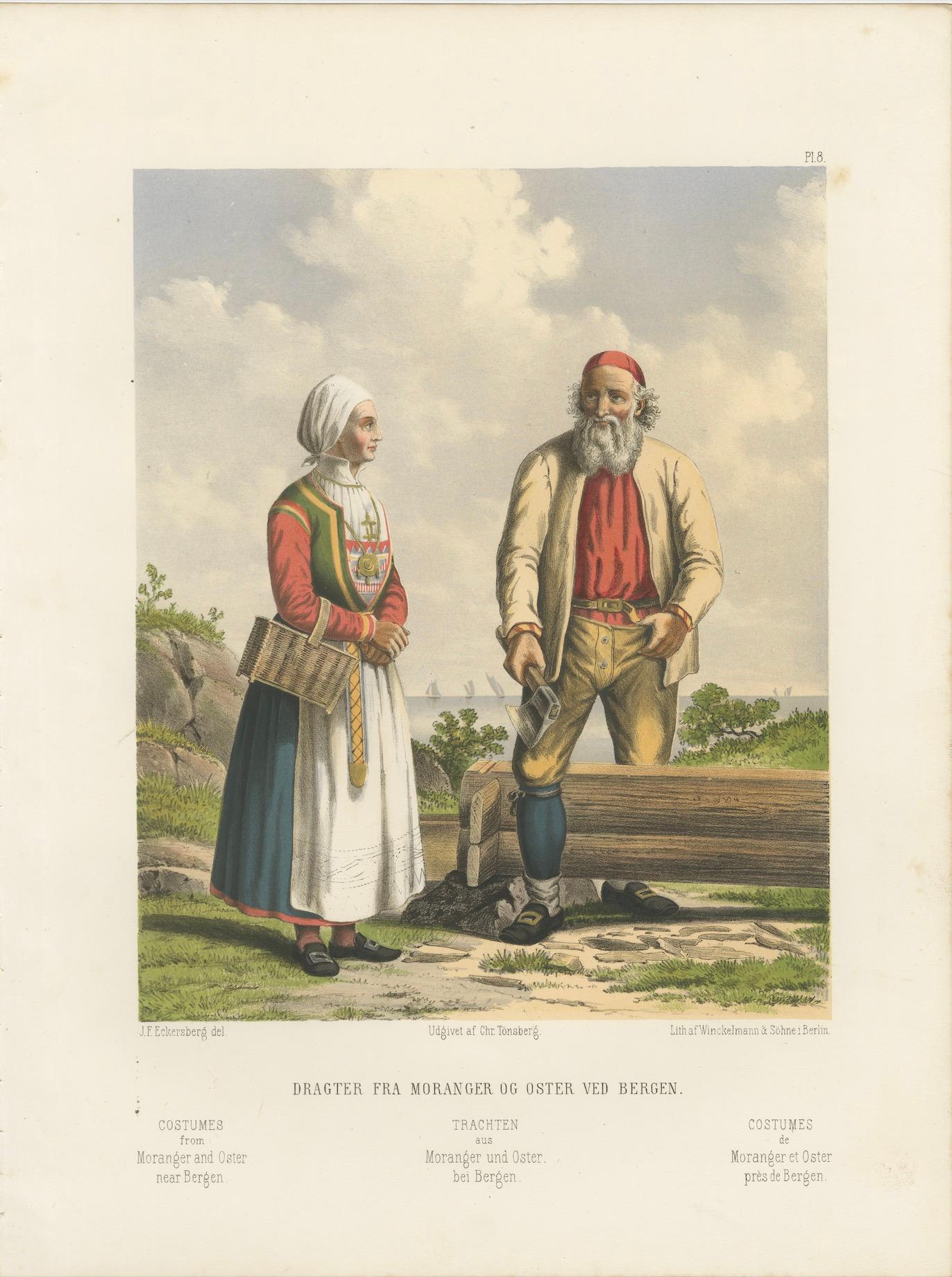 Folk Costumes near Bergen – Moranger and Oster Couple, 19th Century Print Papel en venta