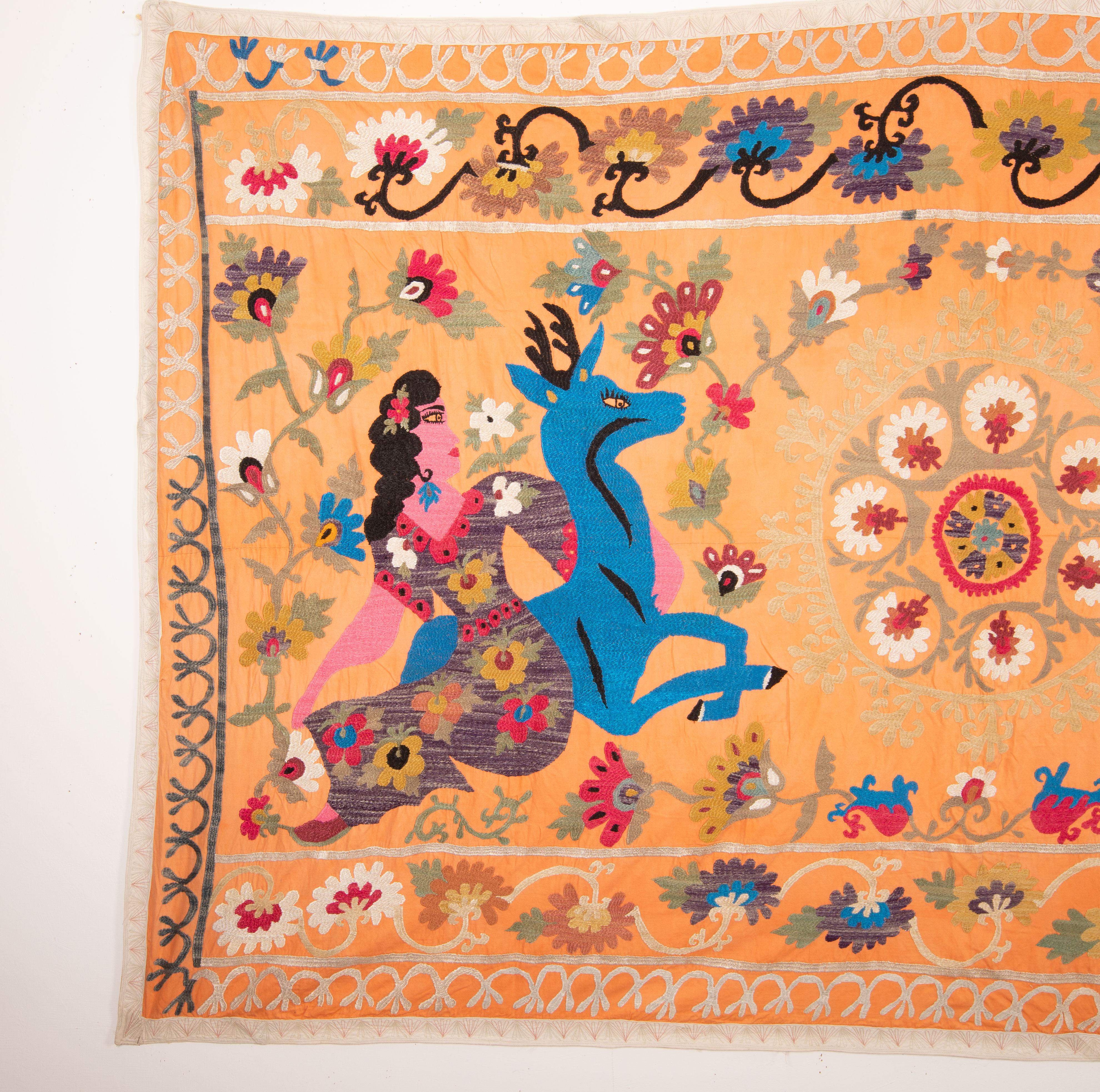 Embroidered Folk Pictorial Suzani from 1960s / 1970s from Boysun, Uzbekistan For Sale