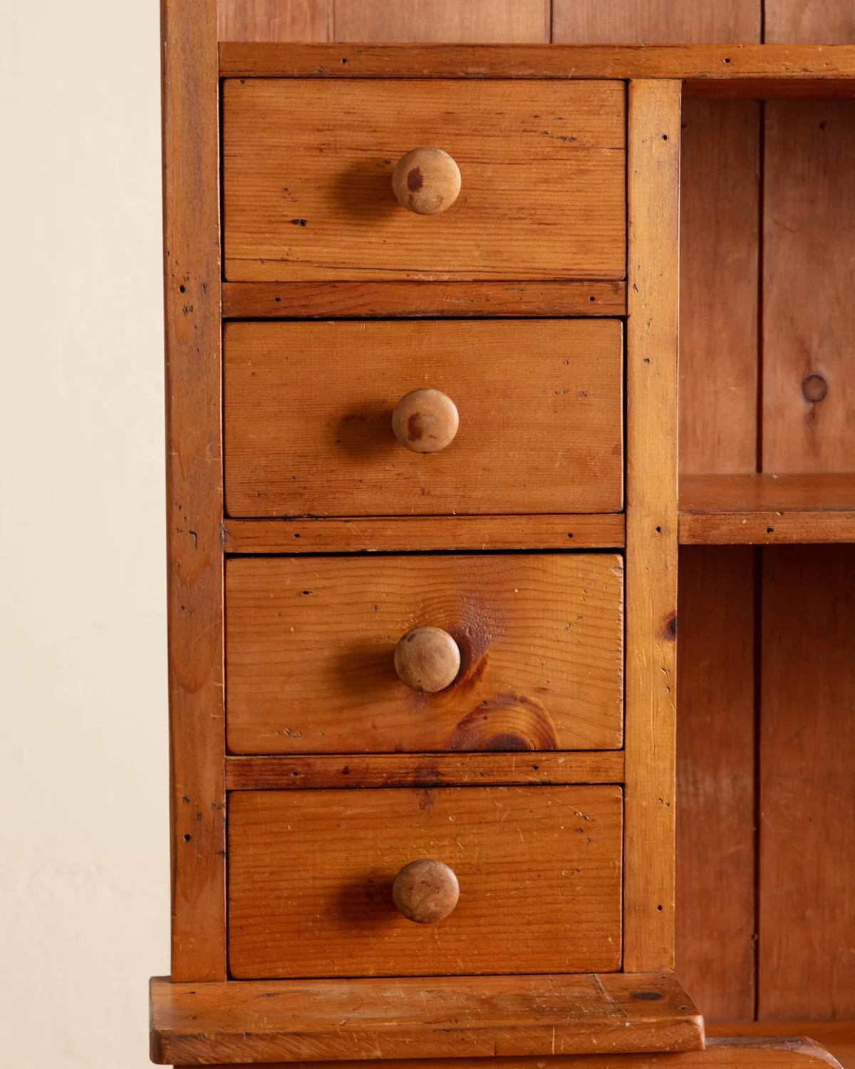 Primitive Folk Pine Stepback Hutch With Paneled Back, 1940'S For Sale