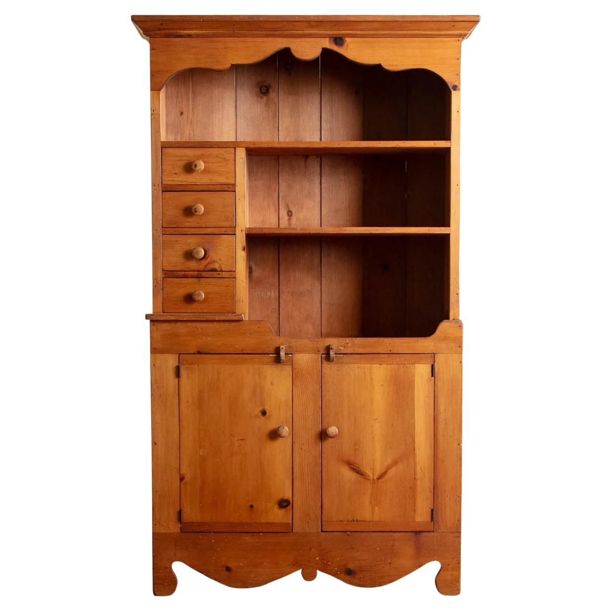 Folk Pine Stepback Hutch With Paneled Back, 1940'S For Sale
