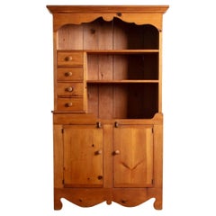 Folk Pine Stepback Hutch With Paneled Back, 1940'S