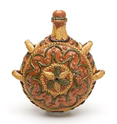 Folkart Redware Slip Decorated Pilgrim Spirit Flask