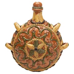 Folkart Redware Slip Decorated Pilgrim Spirit Flask