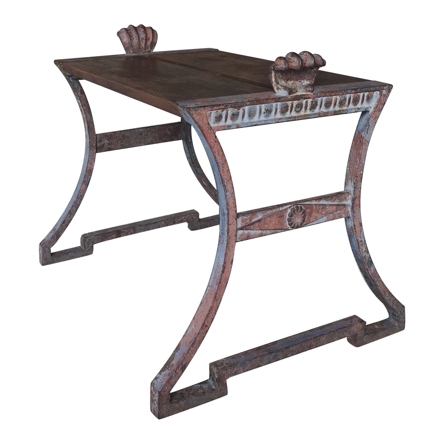 Folke Bensow cast iron and solid oak bench for Näfverkvarns Bruk Sweden 1920s For Sale