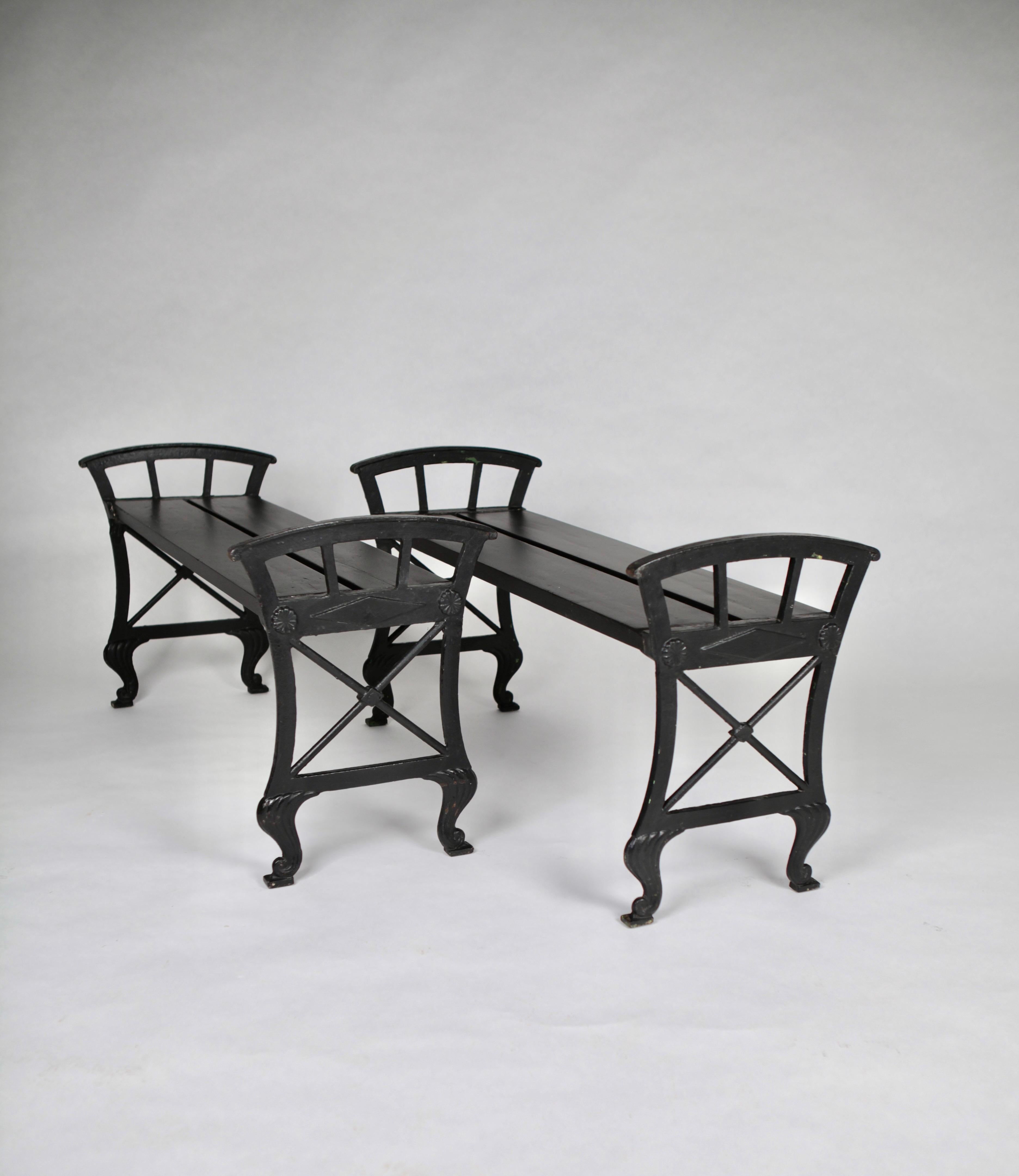 Folke Bensow, rare pair of 'Park Benches Nr. 2', designed in 1925, executed by Näfequarns Bruk in Sweden.
Black cast Iron and lacquered wood.
 