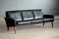 Folke Jansson Attributed Scandinavian Three-Seat Sofa in Black Leather and Teak
