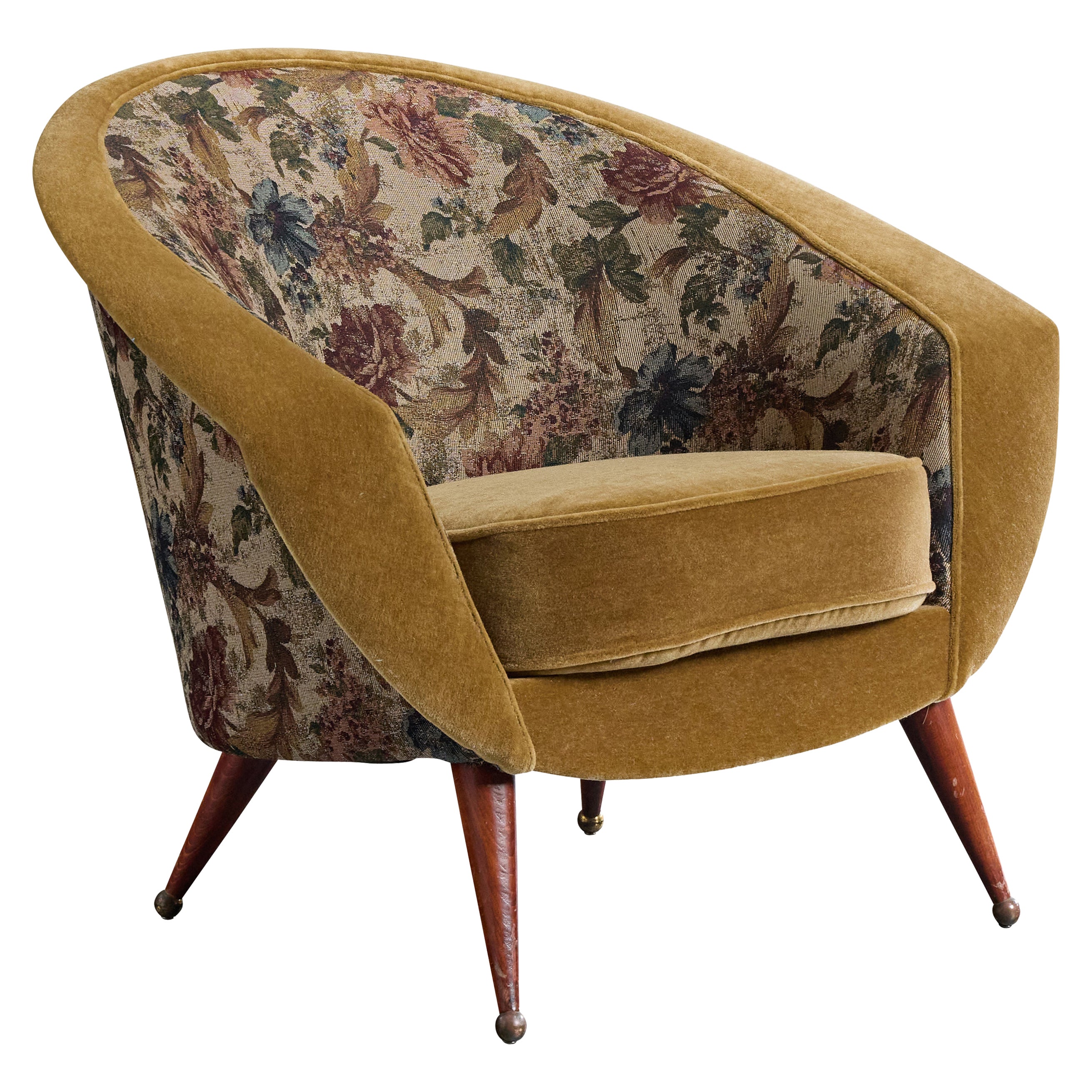 Folke Jansson, Lounge Chair, Fabric, Teak, Brass, Sweden, 1950s