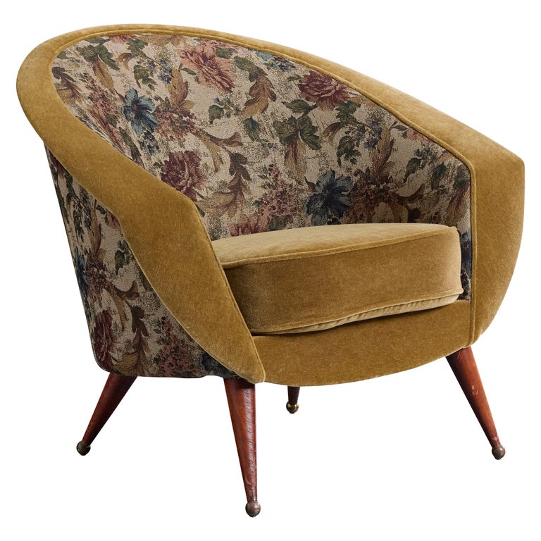 Folke Jansson, Lounge Chair, Fabric, Teak, Brass, Sweden, 1950s