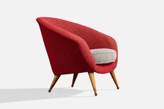Folke Jansson, fauteuil, tissu, bois, laiton, Suède, années 1950