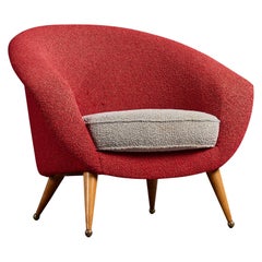 Folke Jansson, fauteuil, tissu, bois, laiton, Suède, années 1950